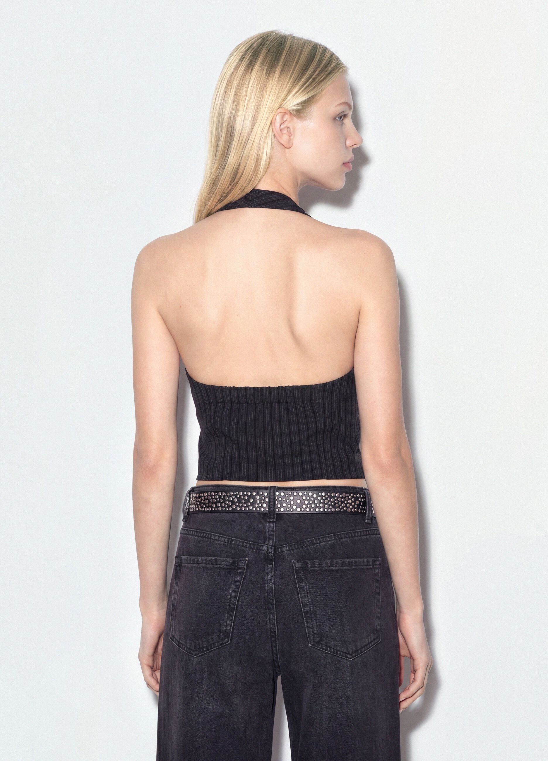 Black cropped vest in stretch striped viscose