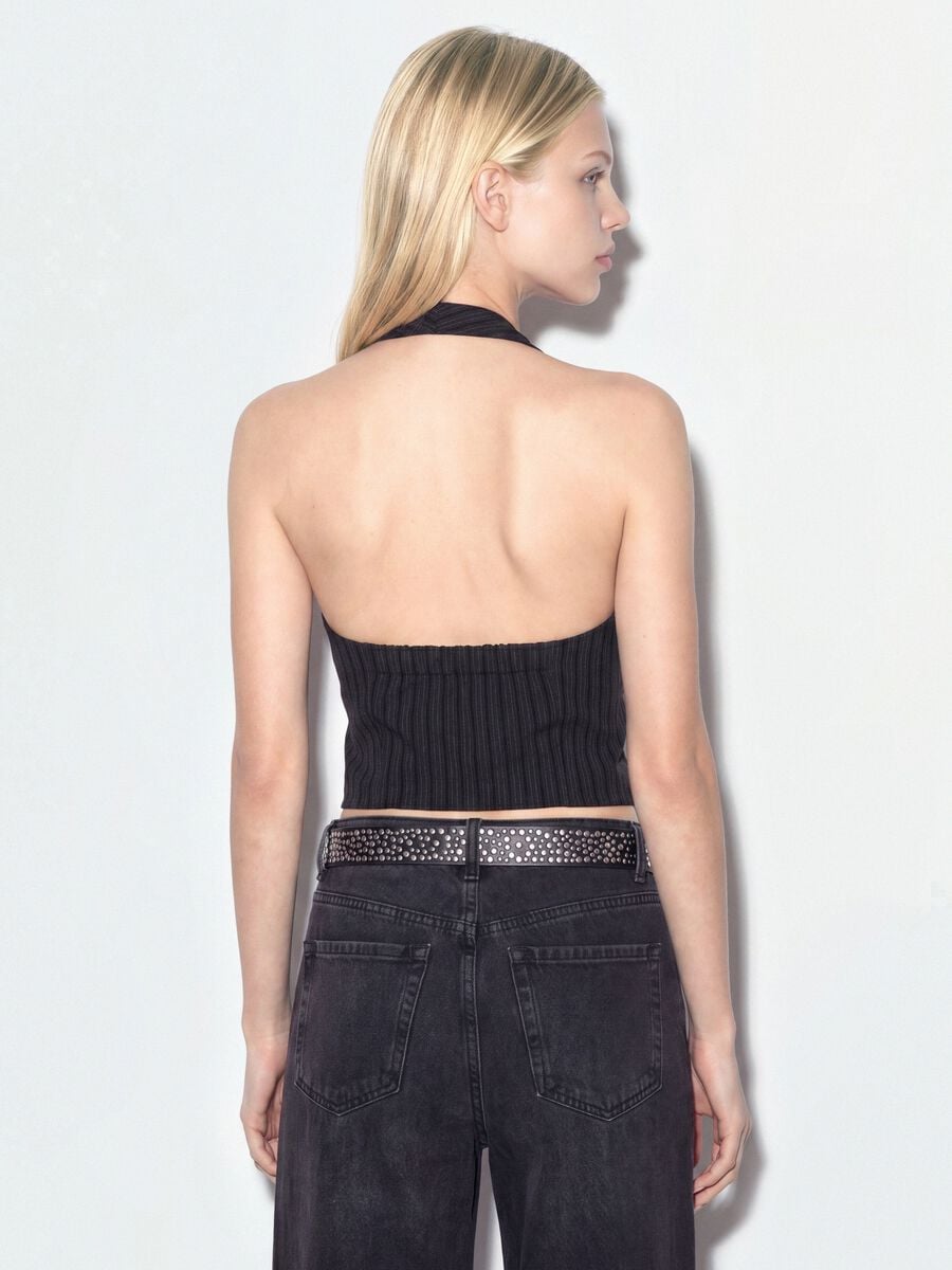 Gilet nero crop in viscosa elasticizzata a righe_2