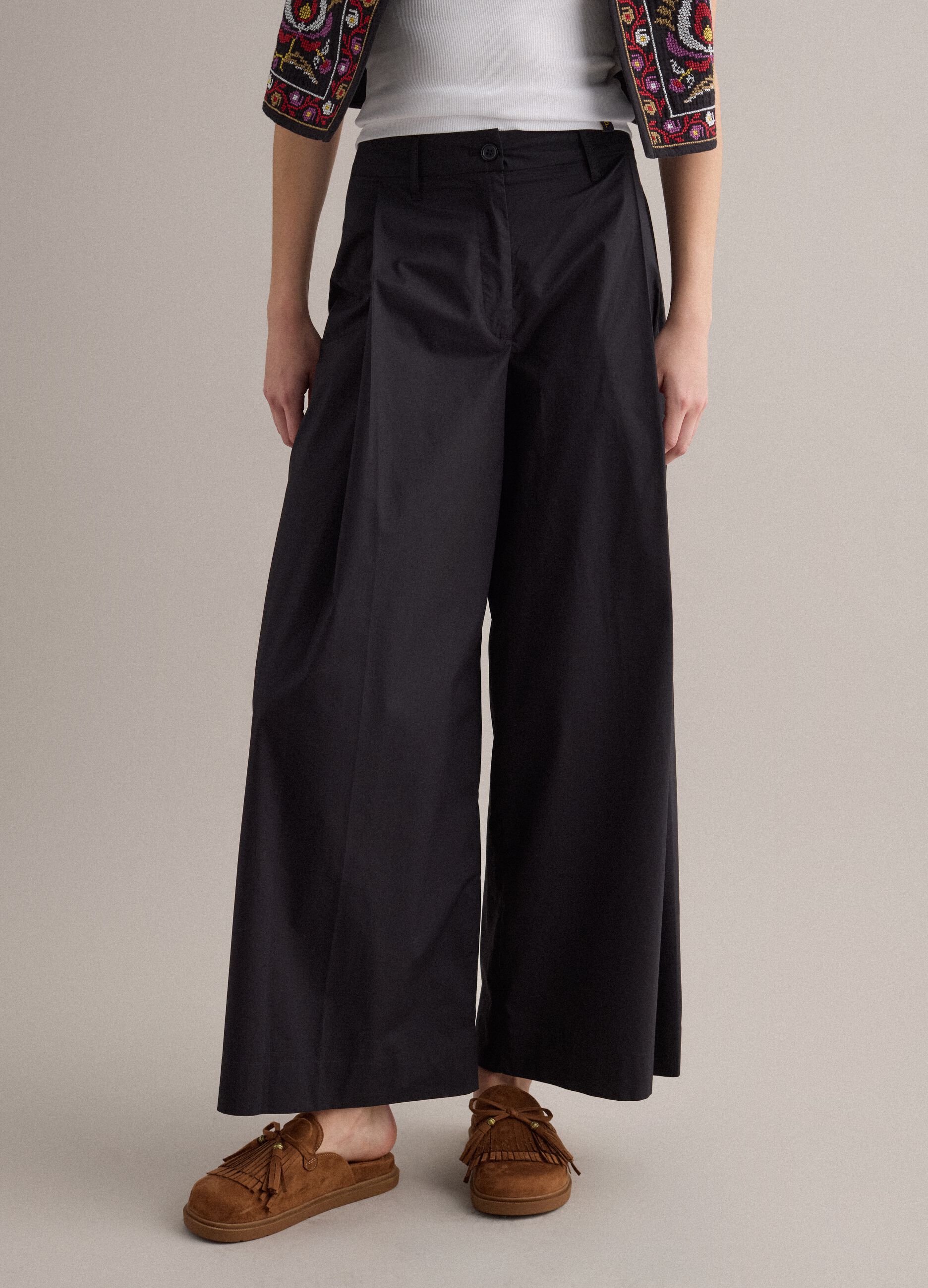Black wide-leg pure cotton trousers