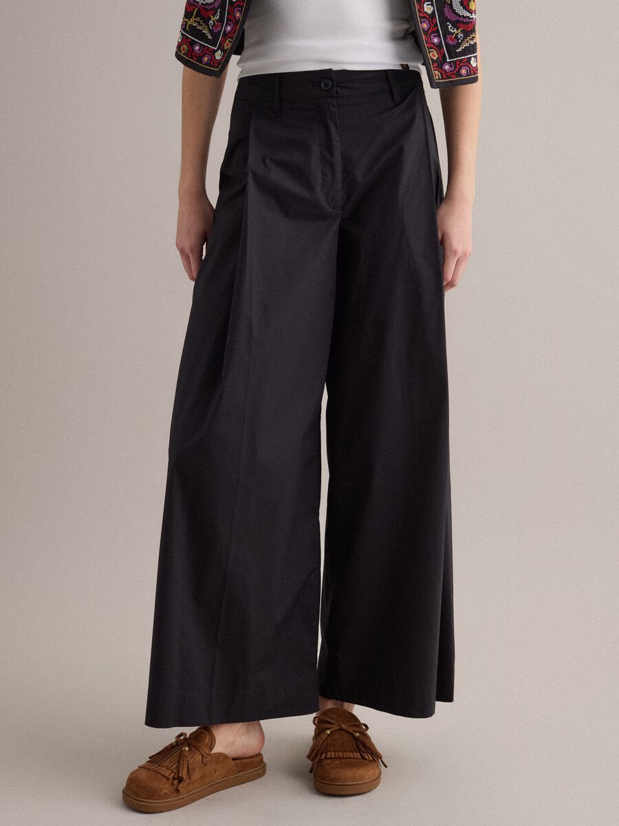 Black wide-leg pure cotton trousers_1
