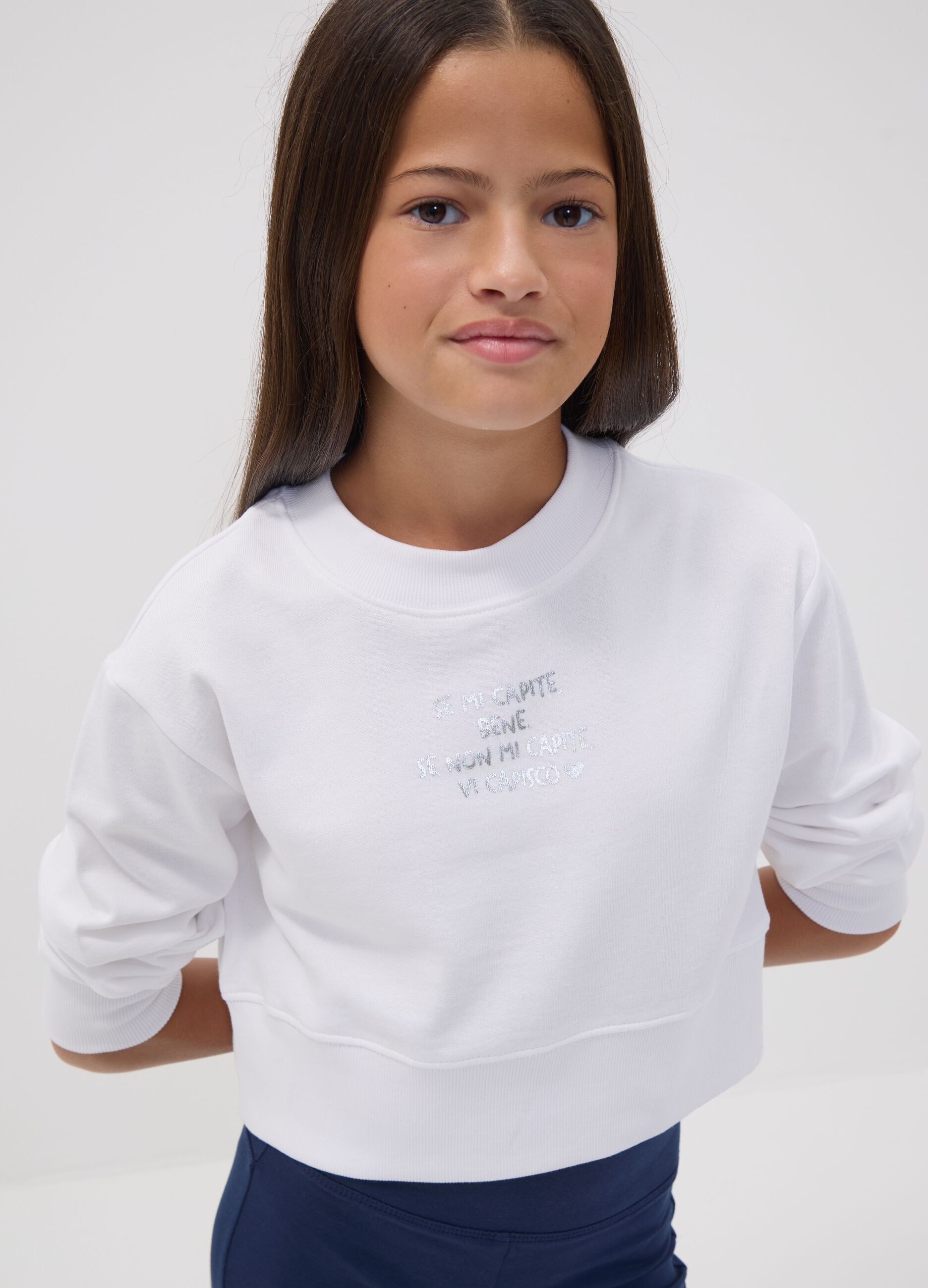 White organic cotton sweatshirt with front print for girls