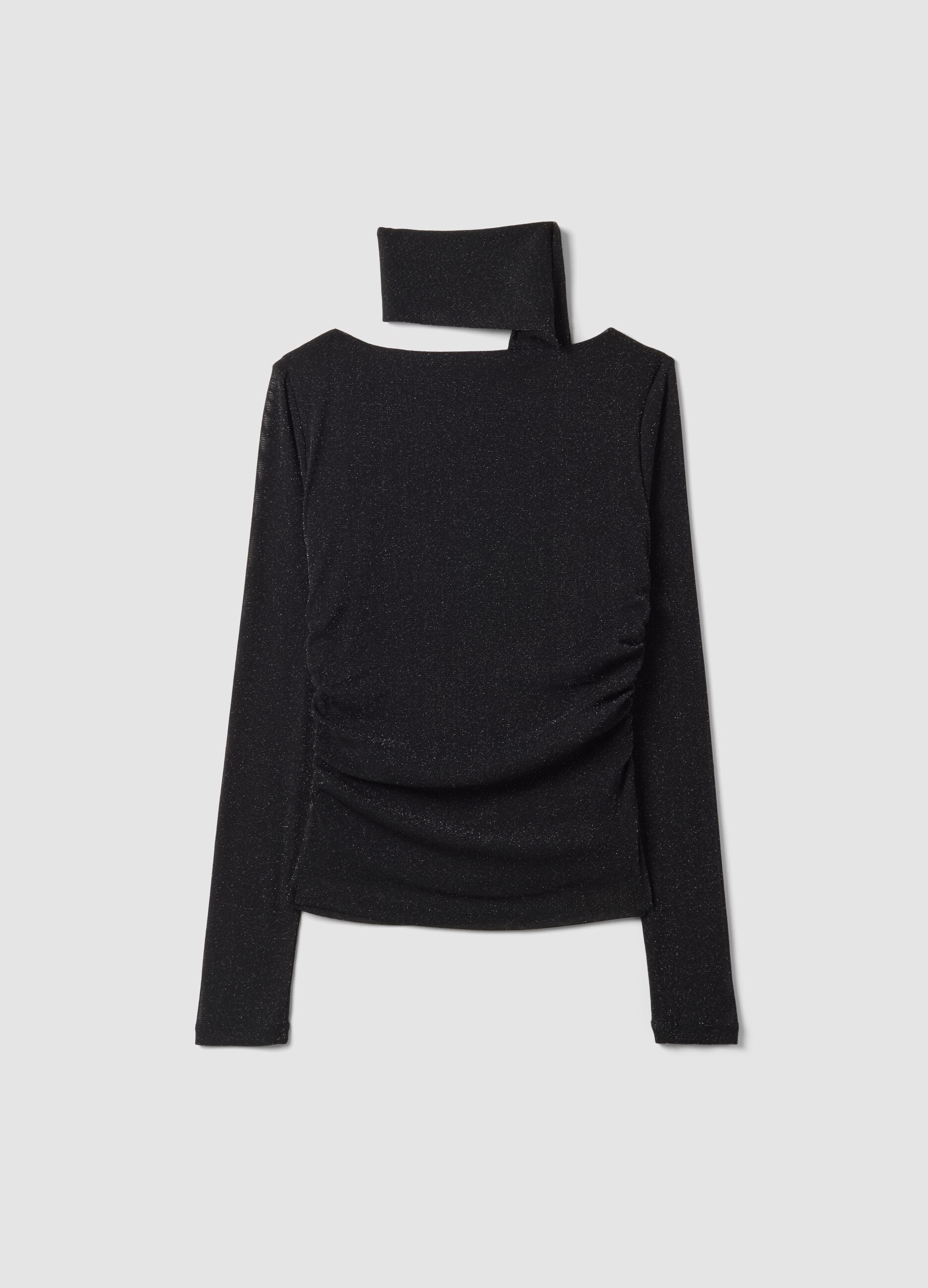 Black stretch jersey top with draped insert, slim fit