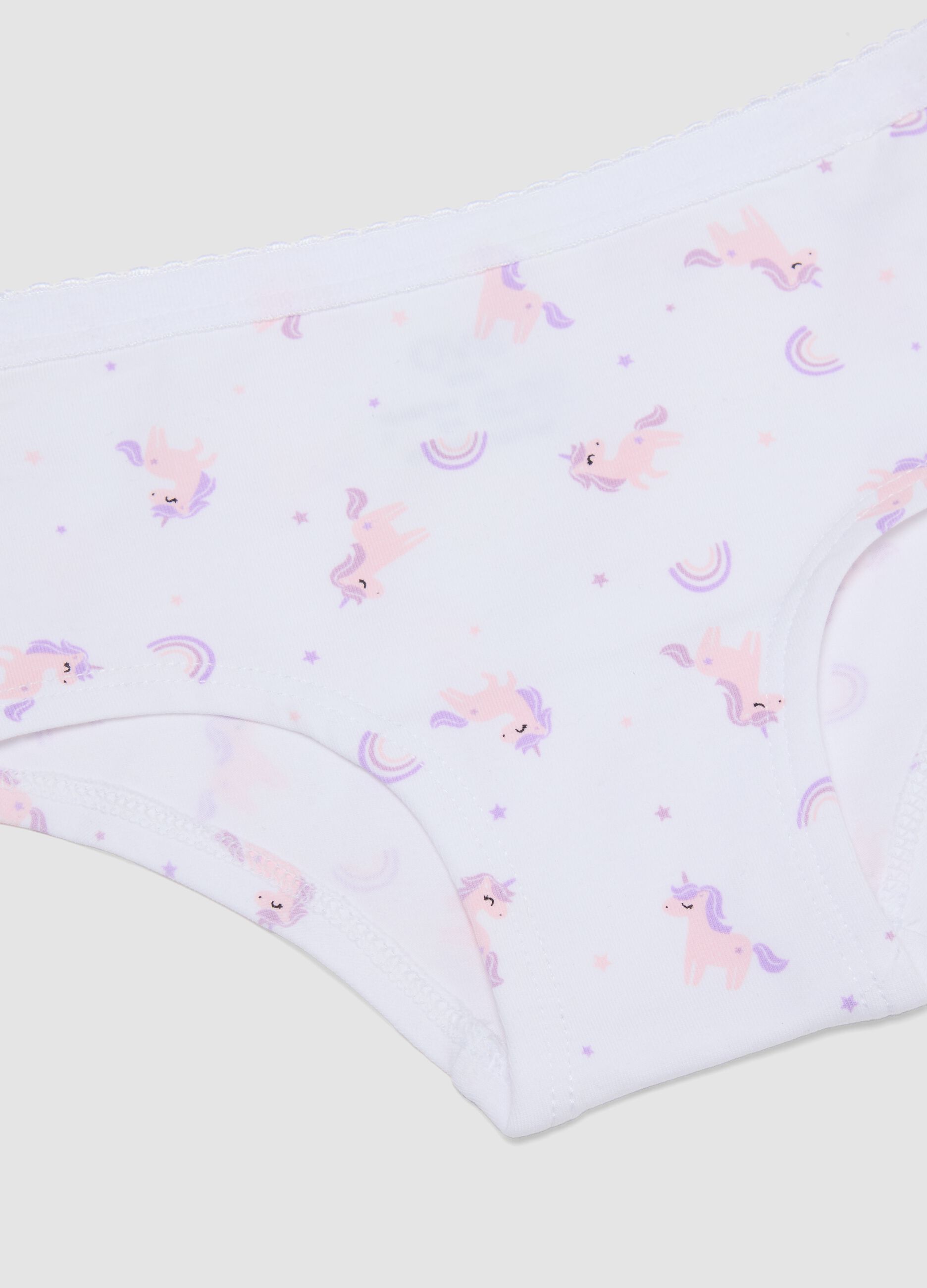 White stretch organic cotton culotte briefs with unicorn print