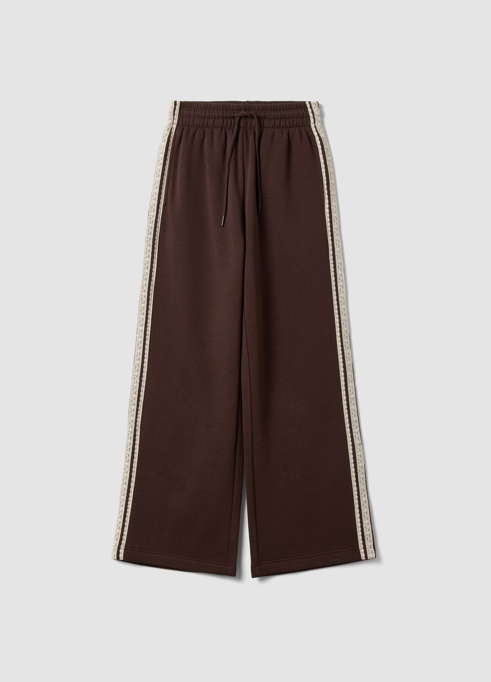 Brown cotton-blend wide-leg trousers with lace embroidery