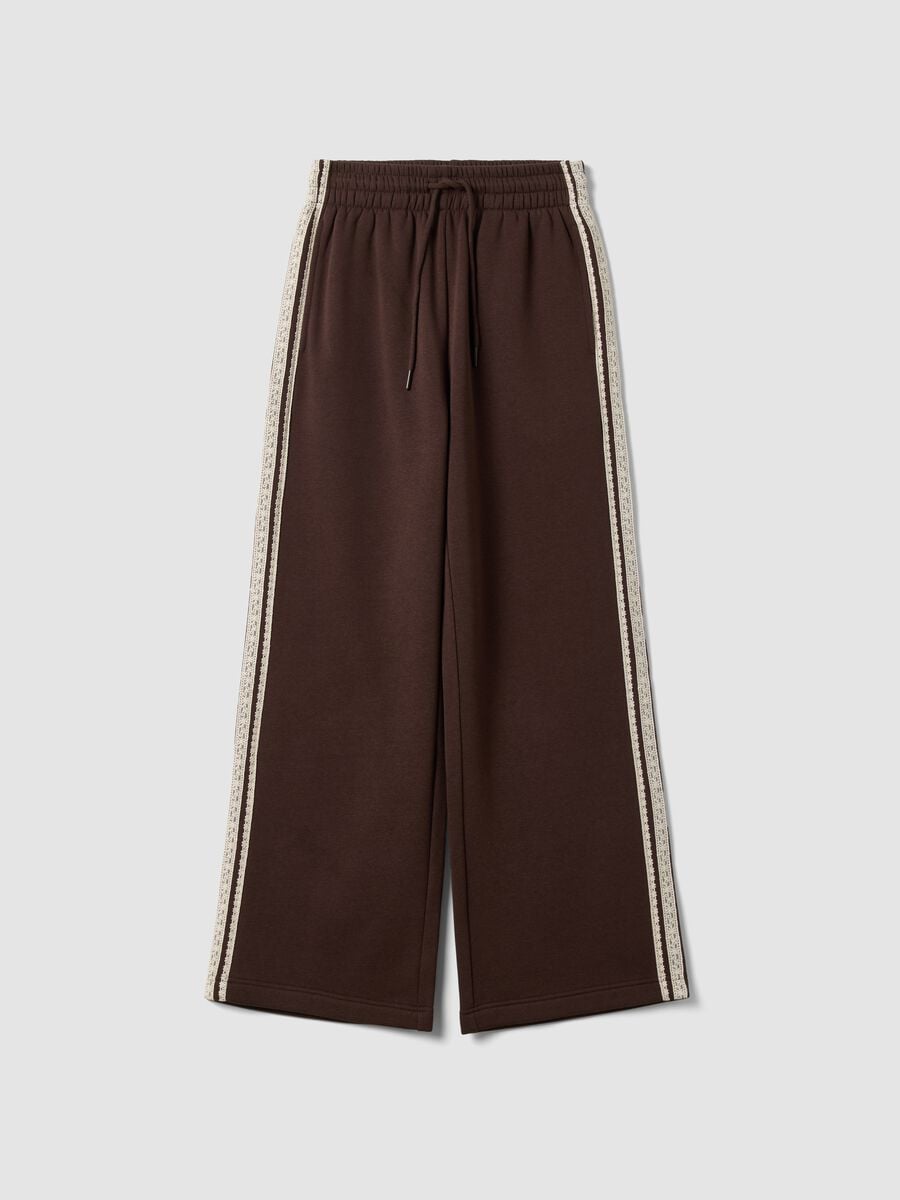 Brown cotton-blend wide-leg trousers with lace embroidery_5