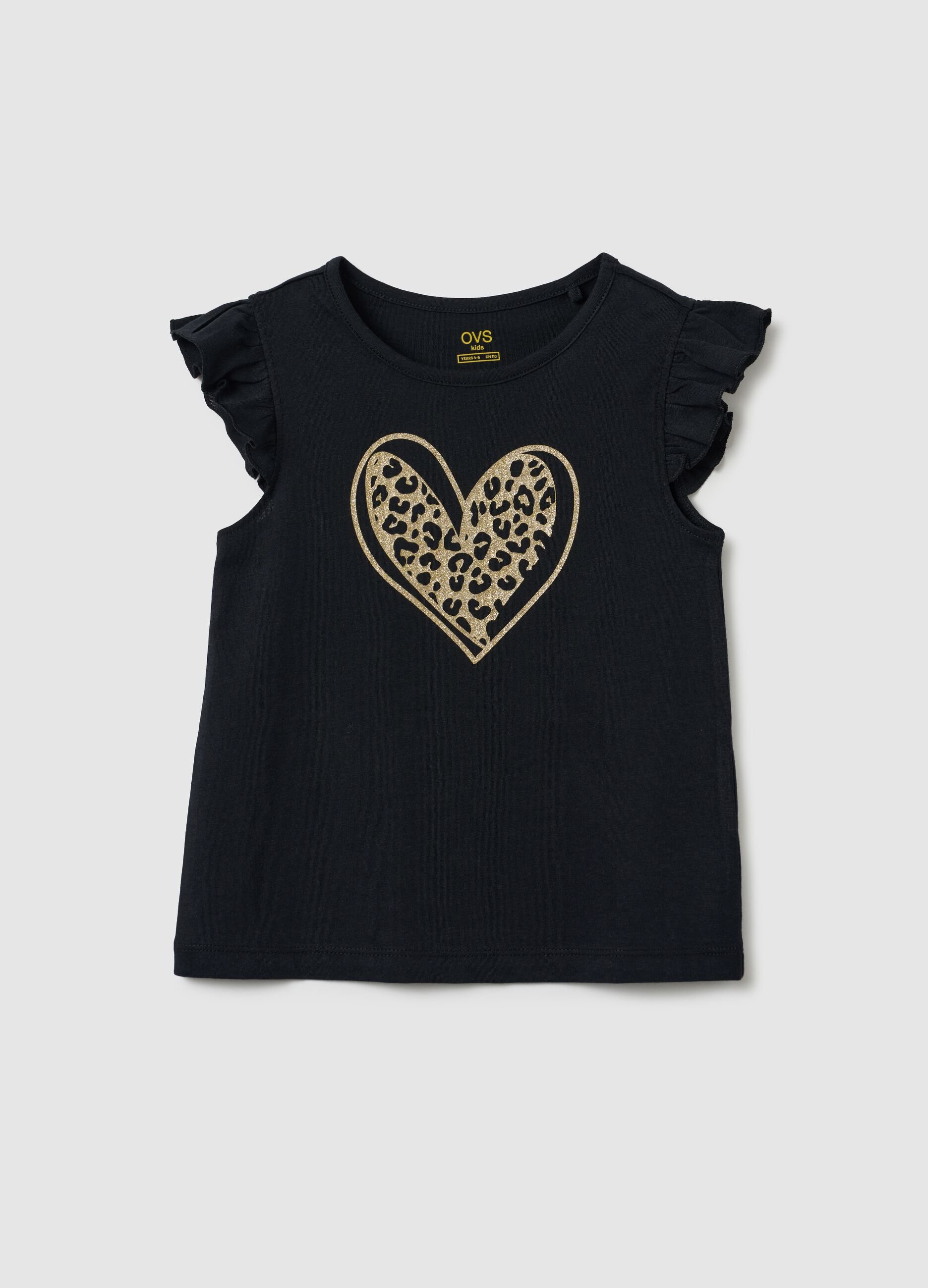 Girls' black pure cotton regular fit T-shirt with ruffles