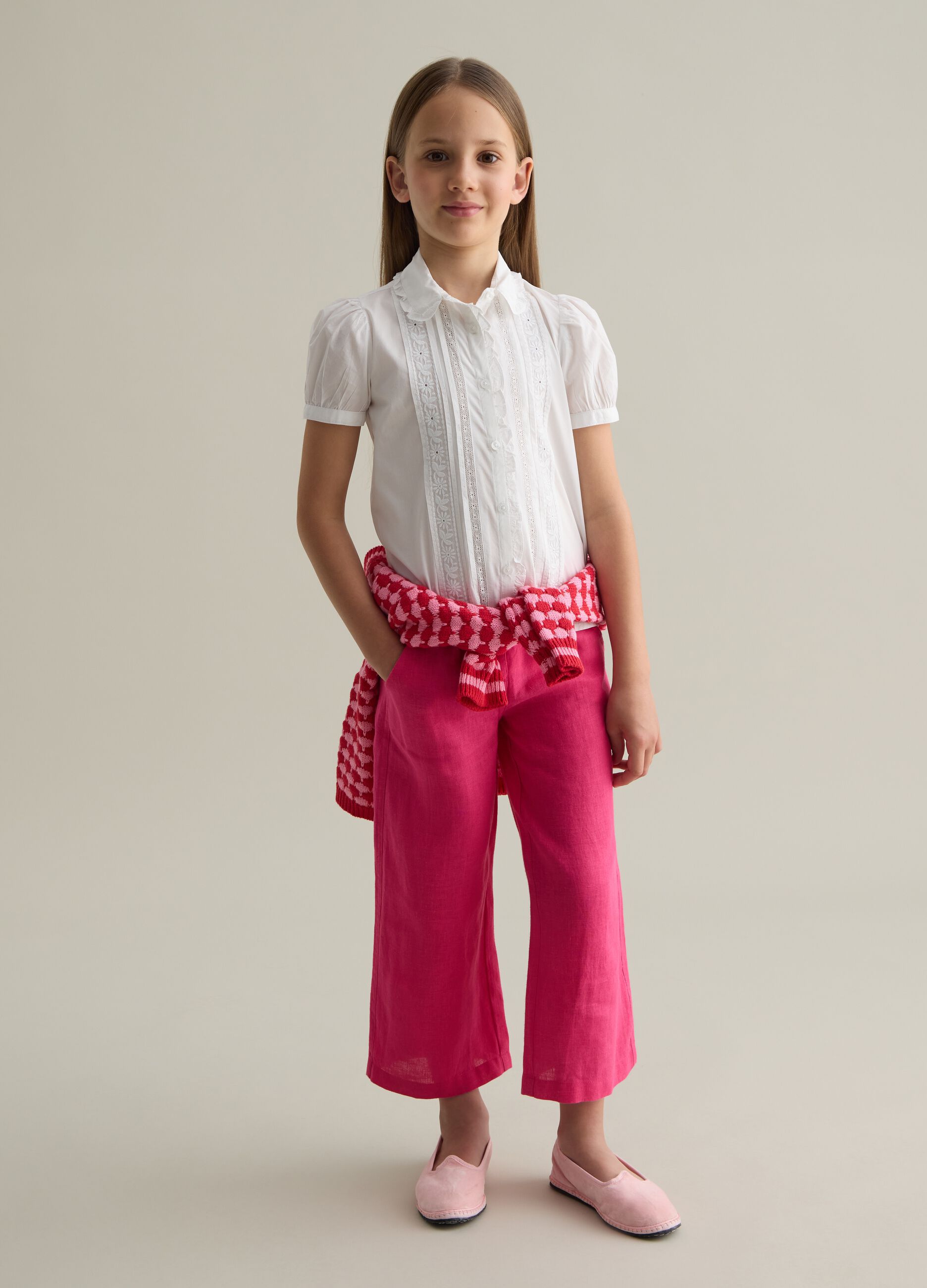 Girls' pure linen wide leg pink trousers
