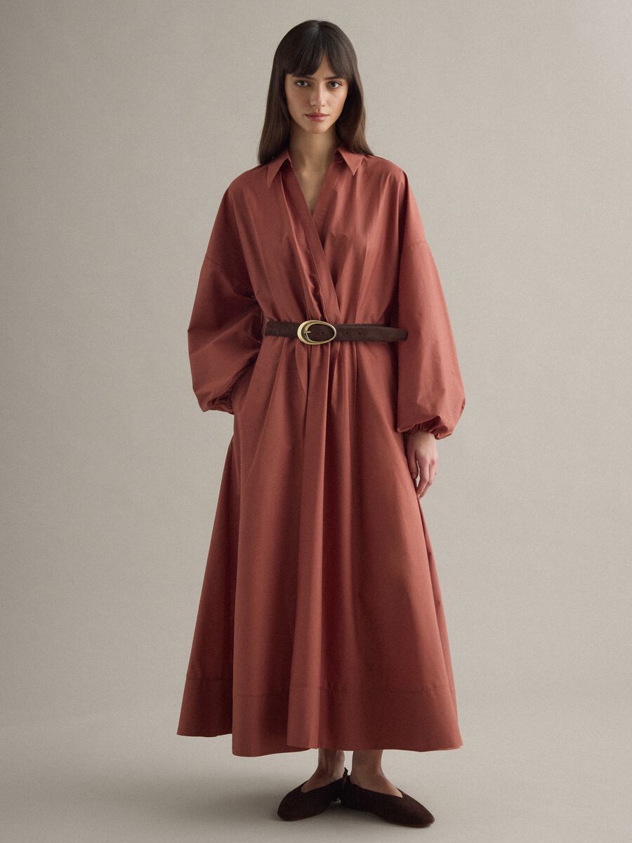 Long dress in pure brown cotton, regular fit_1