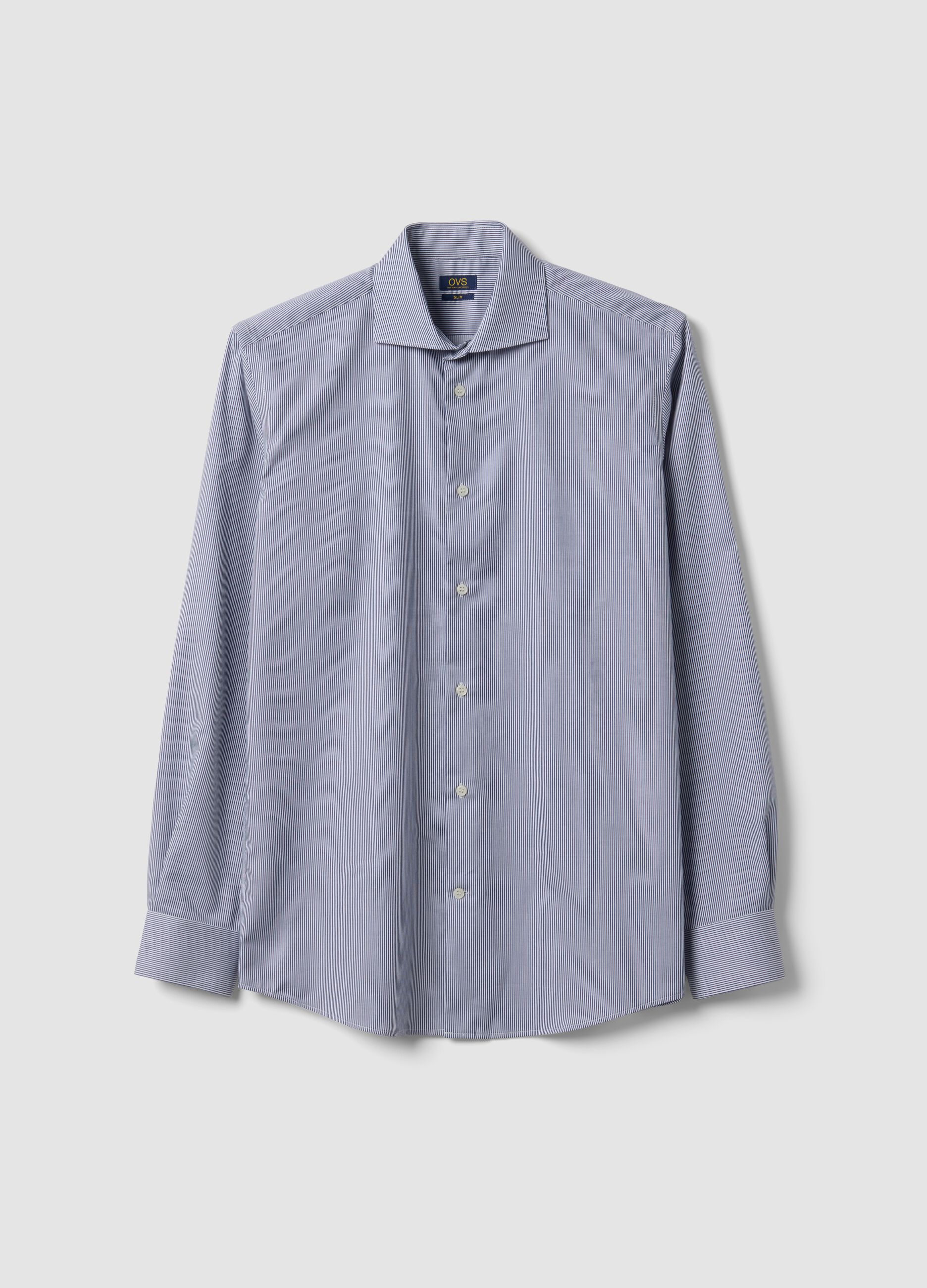 Blue pure cotton striped shirt with French collar, slim fit, non-iron