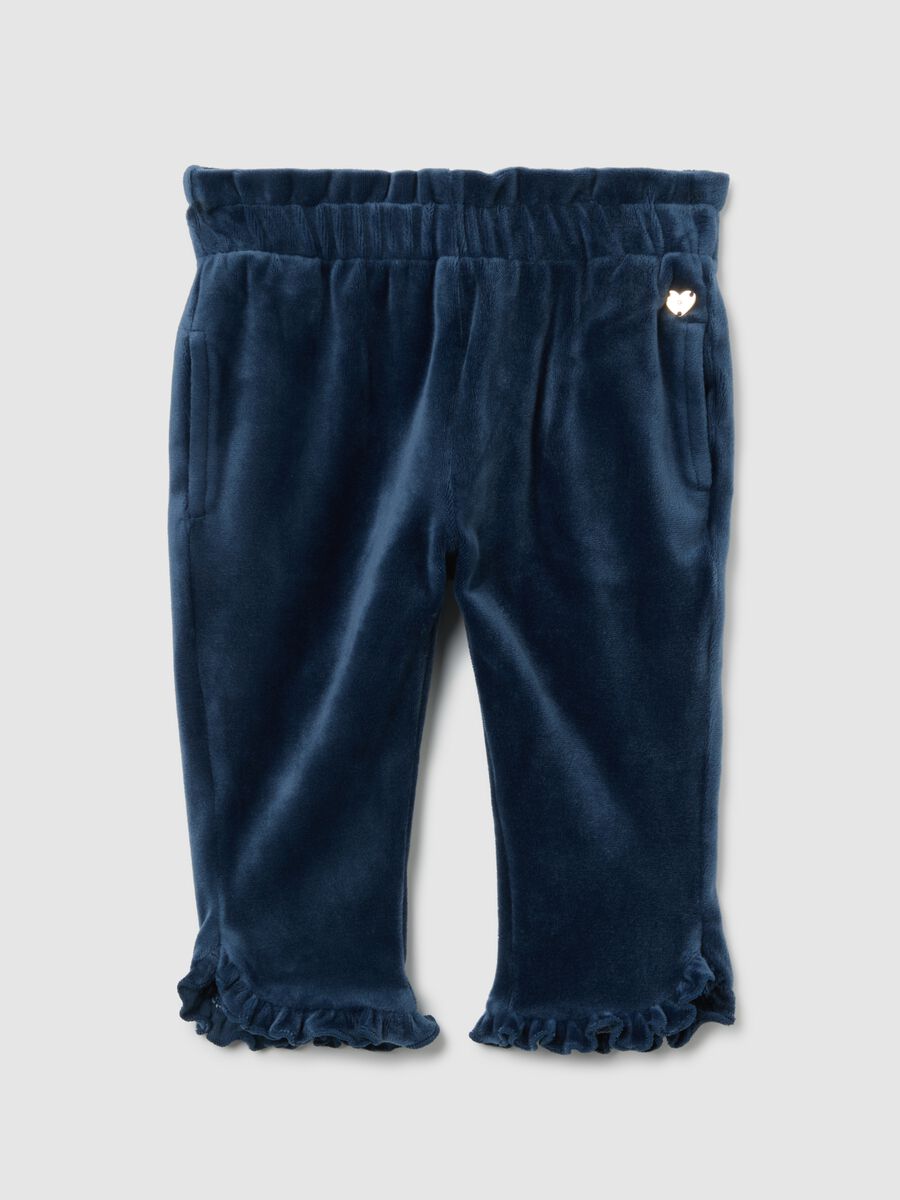 Treggings da bambina in velour blu slim fit con volant_0