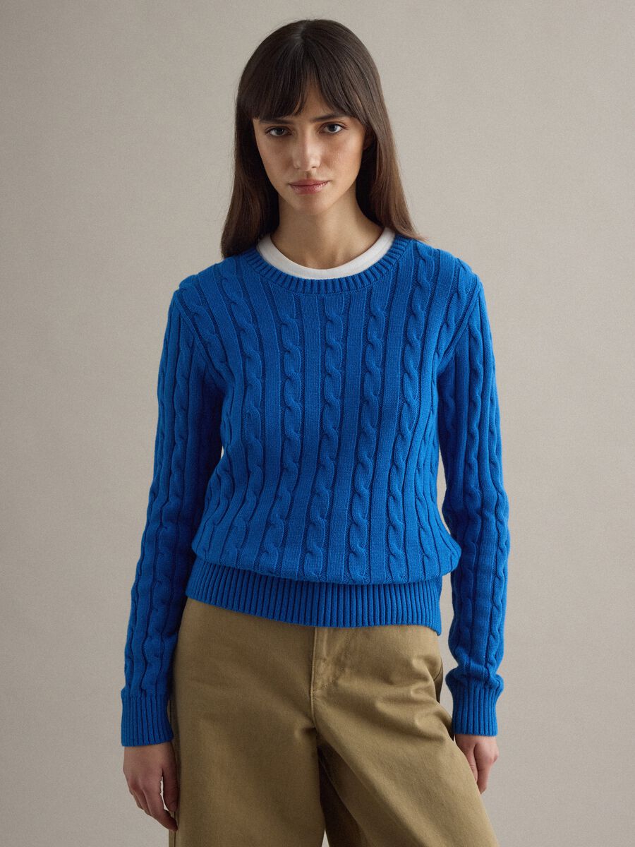 Blue sweater in pure cotton regular fit with cable knit_1