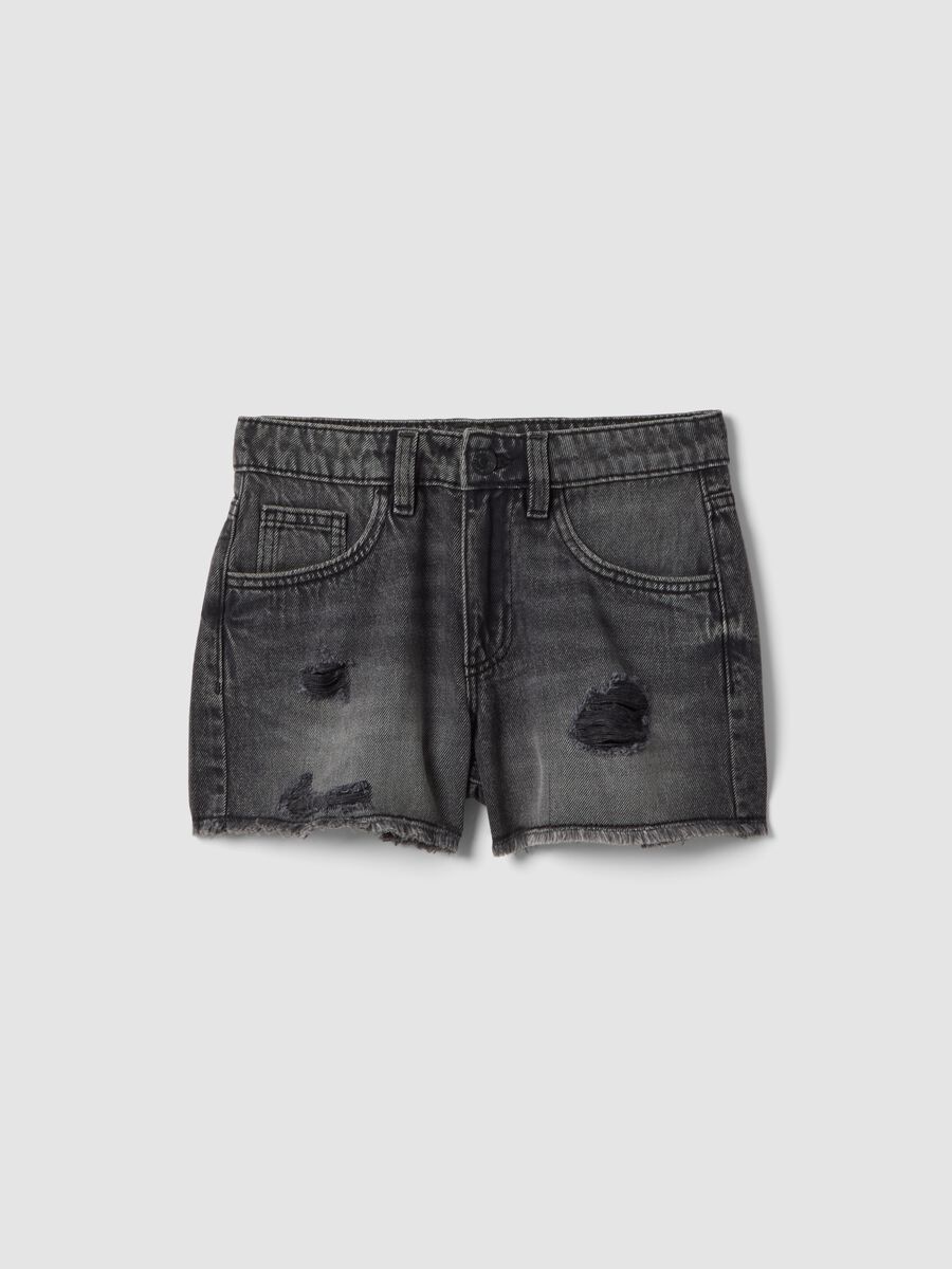 Shorts denim grigi in puro cotone da ragazza regular fit con strappi_0