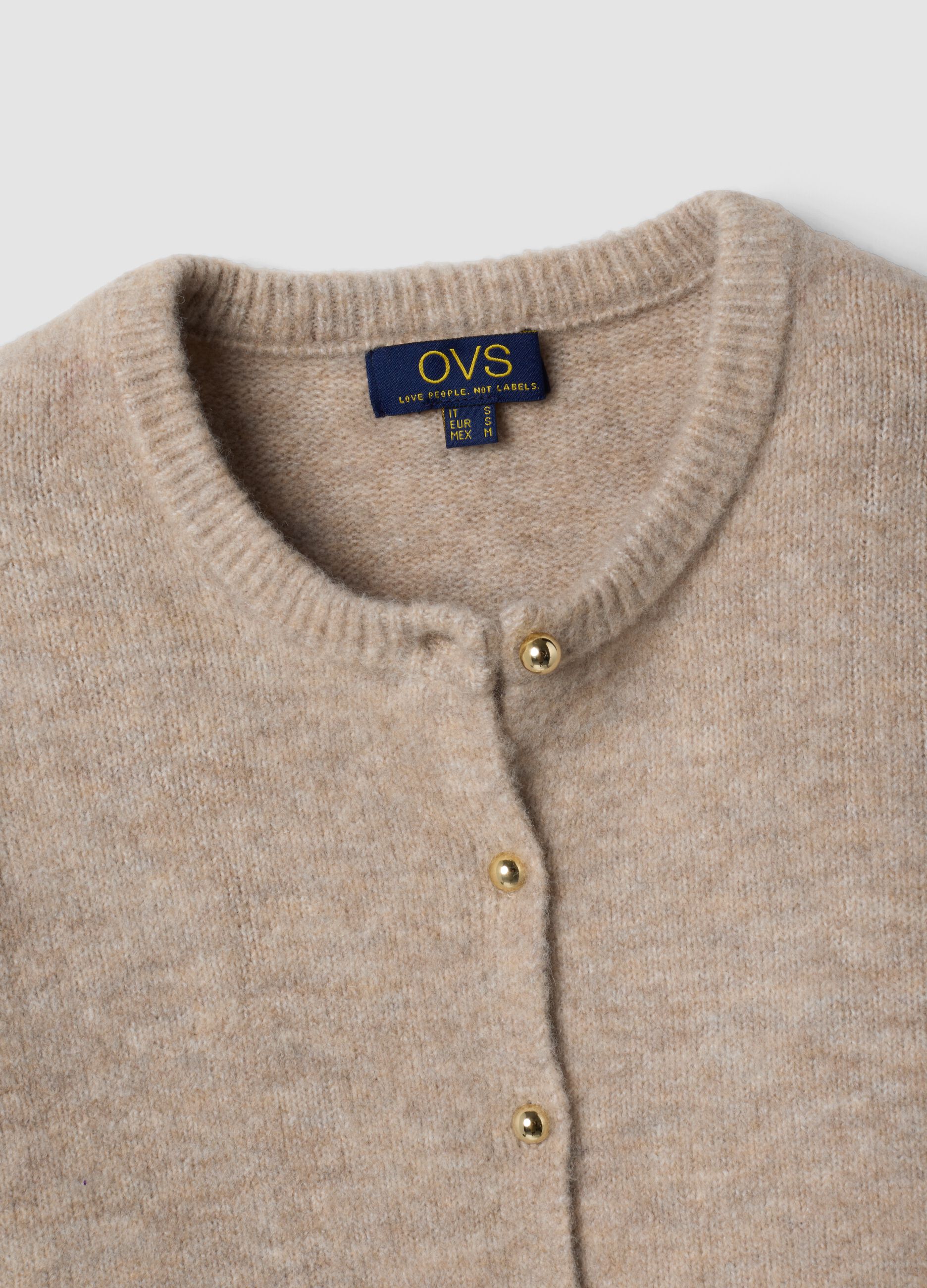 Beige stretch wool crew-neck cardigan, regular fit