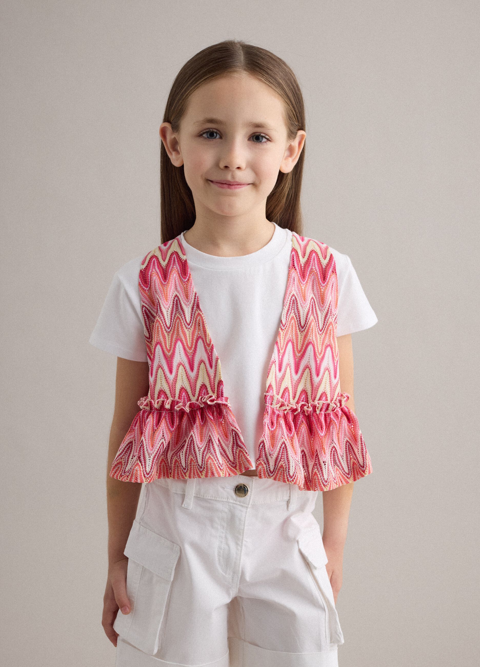 White stretch cotton T-shirt with patterned insert