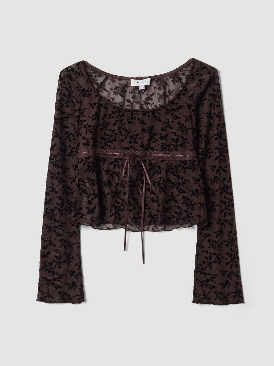 T-shirt marrone in tessuto elasticizzato con fantasia floreale floccata_0