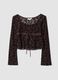 Brown stretch T-shirt with flocked floral pattern_0