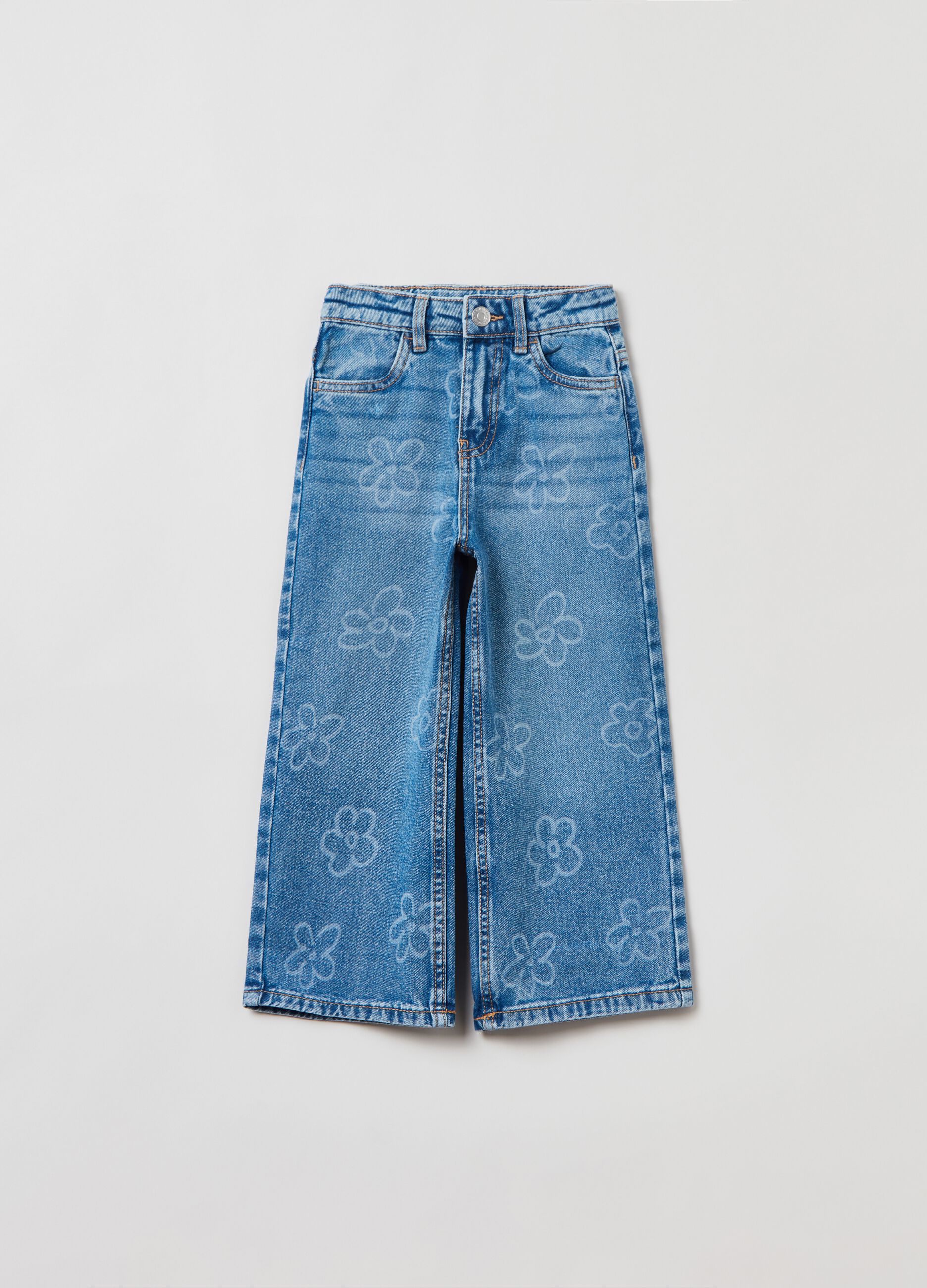 Jeans wide leg con stampa fiori
