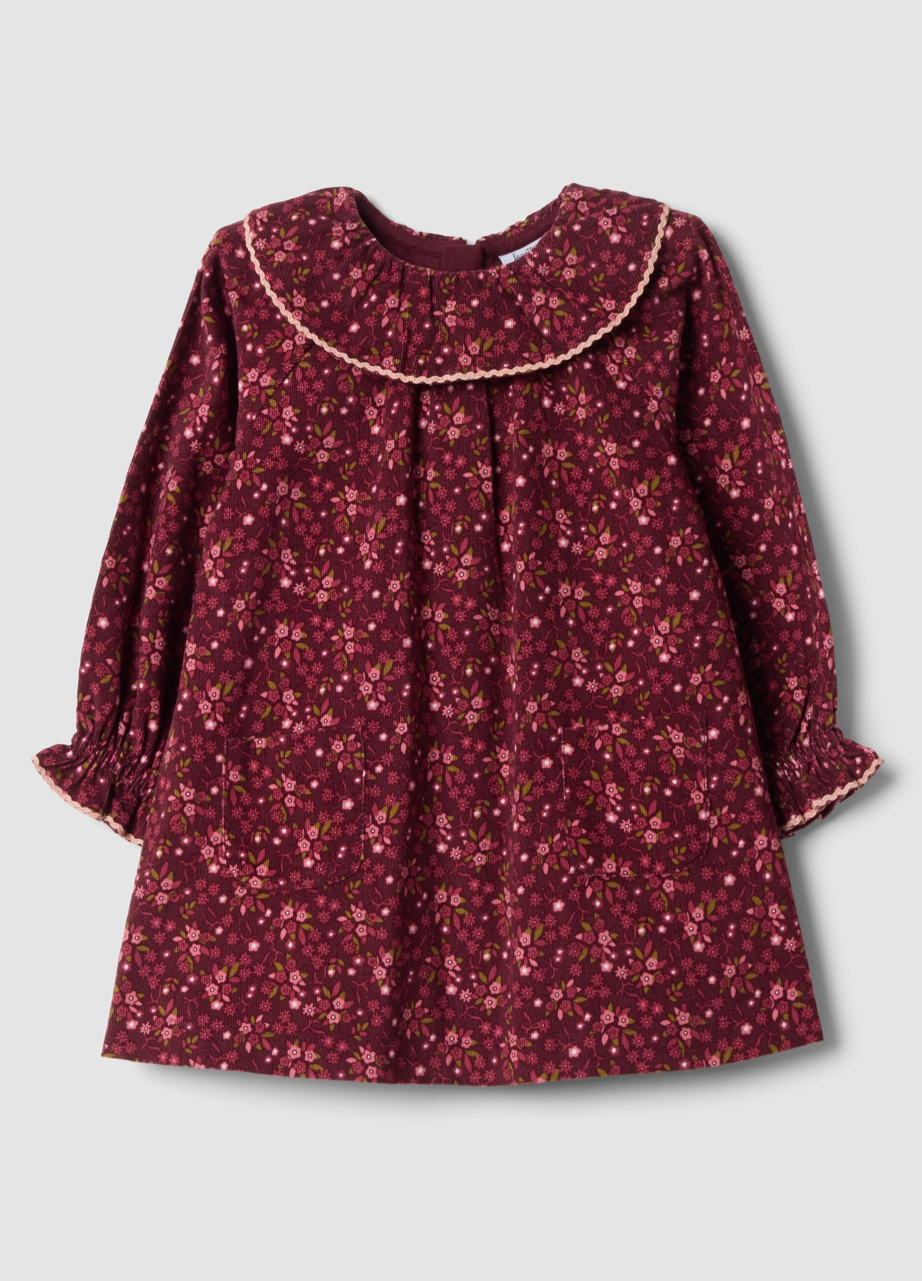 Burgundy red floral pure cotton crew-neck dress, regular fit