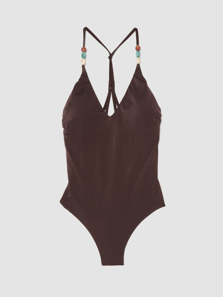 Brown stretch swimsuit with embellished straps_5