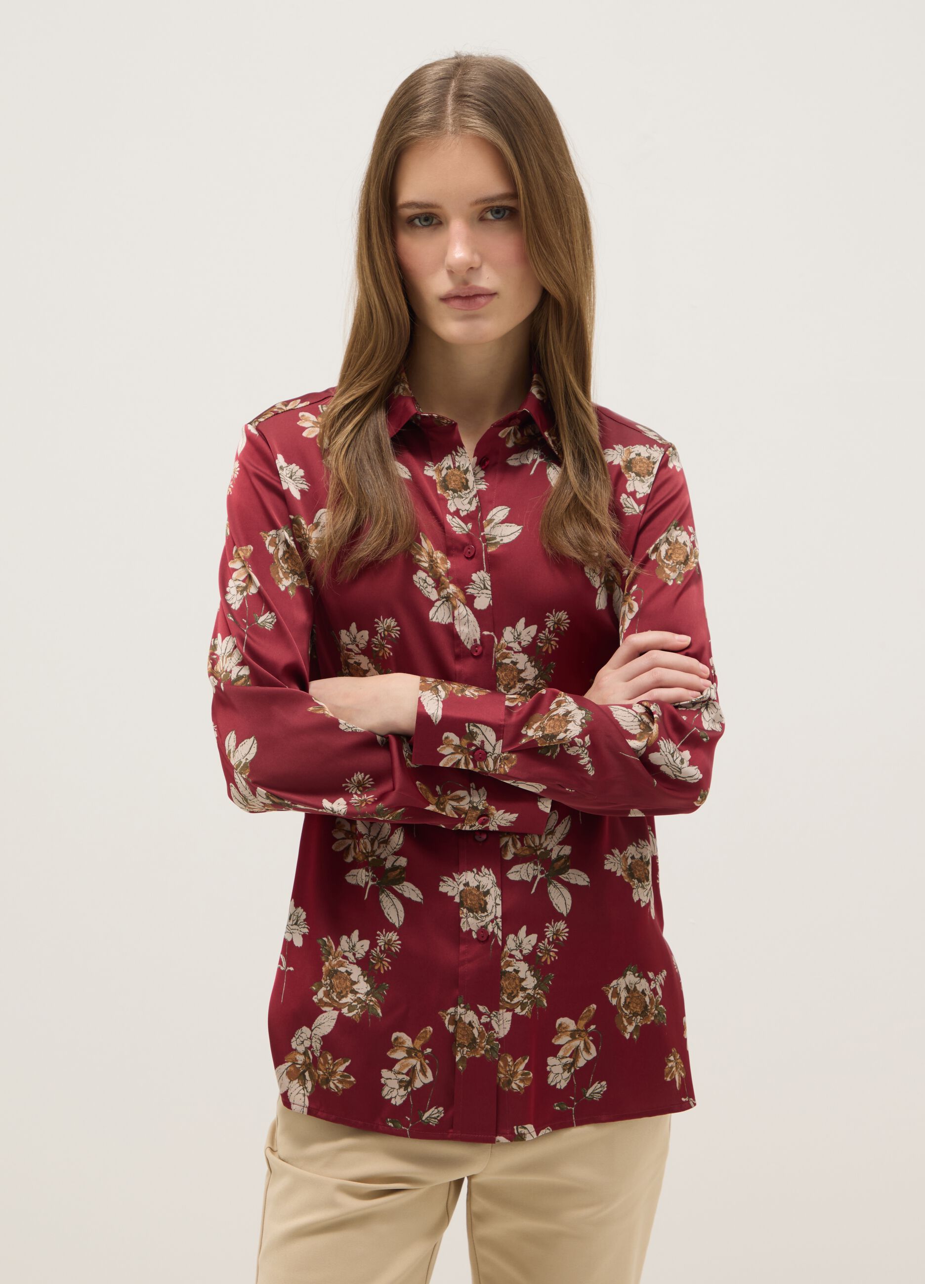 Long-sleeved multicolour regular fit satin shirt with floral design