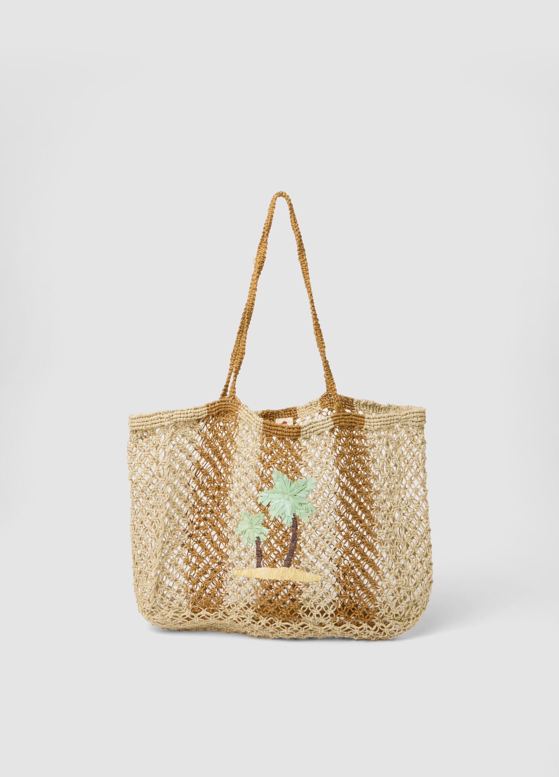 Multicolour woven mesh jute-blend beach bag