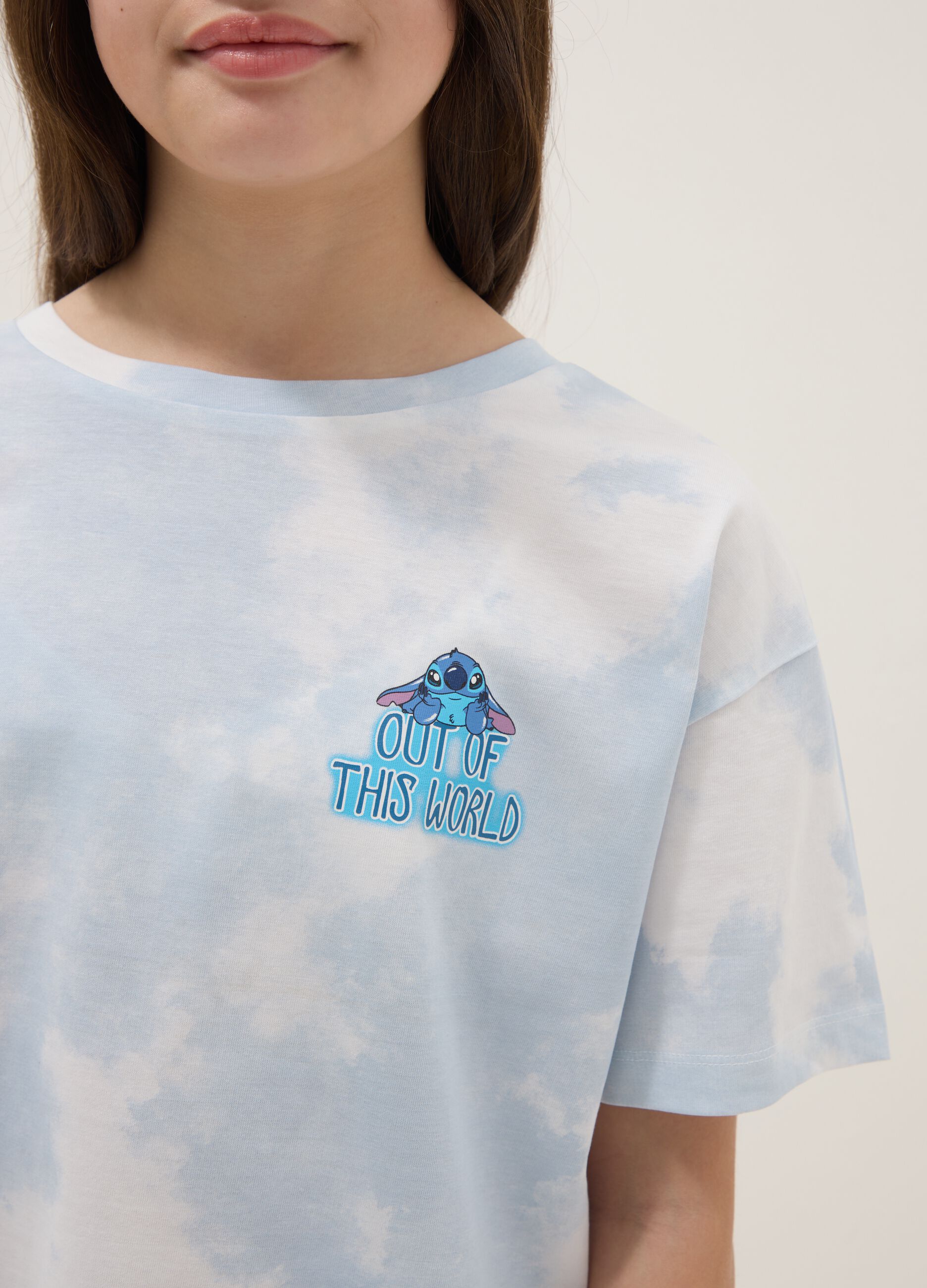 Multicolour pure cotton oversized girl's T-shirt with Stitch