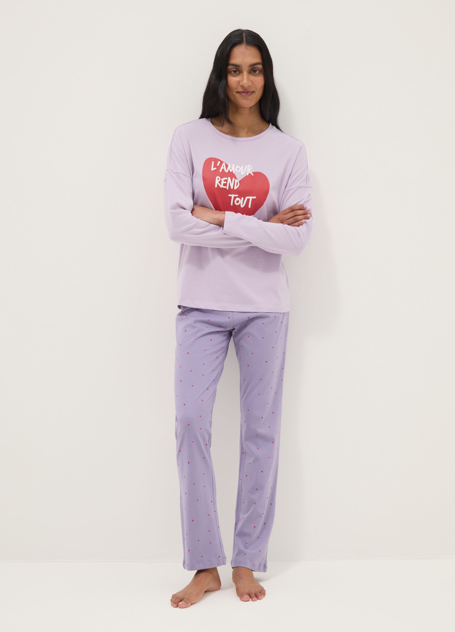 Purple pure cotton regular fit pyjamas with heart design