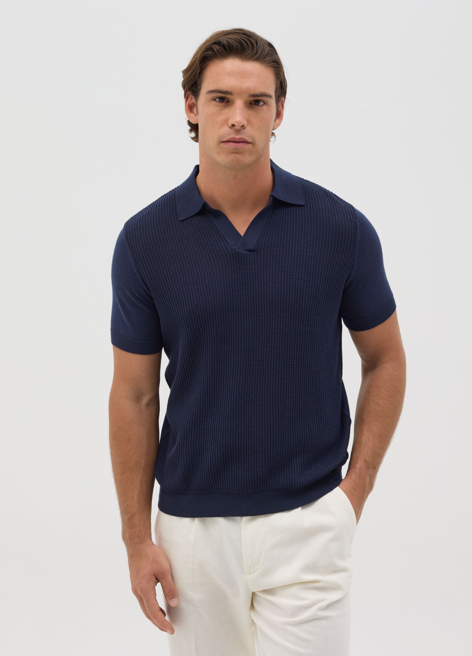 Blue polo shirt with jacquard weave