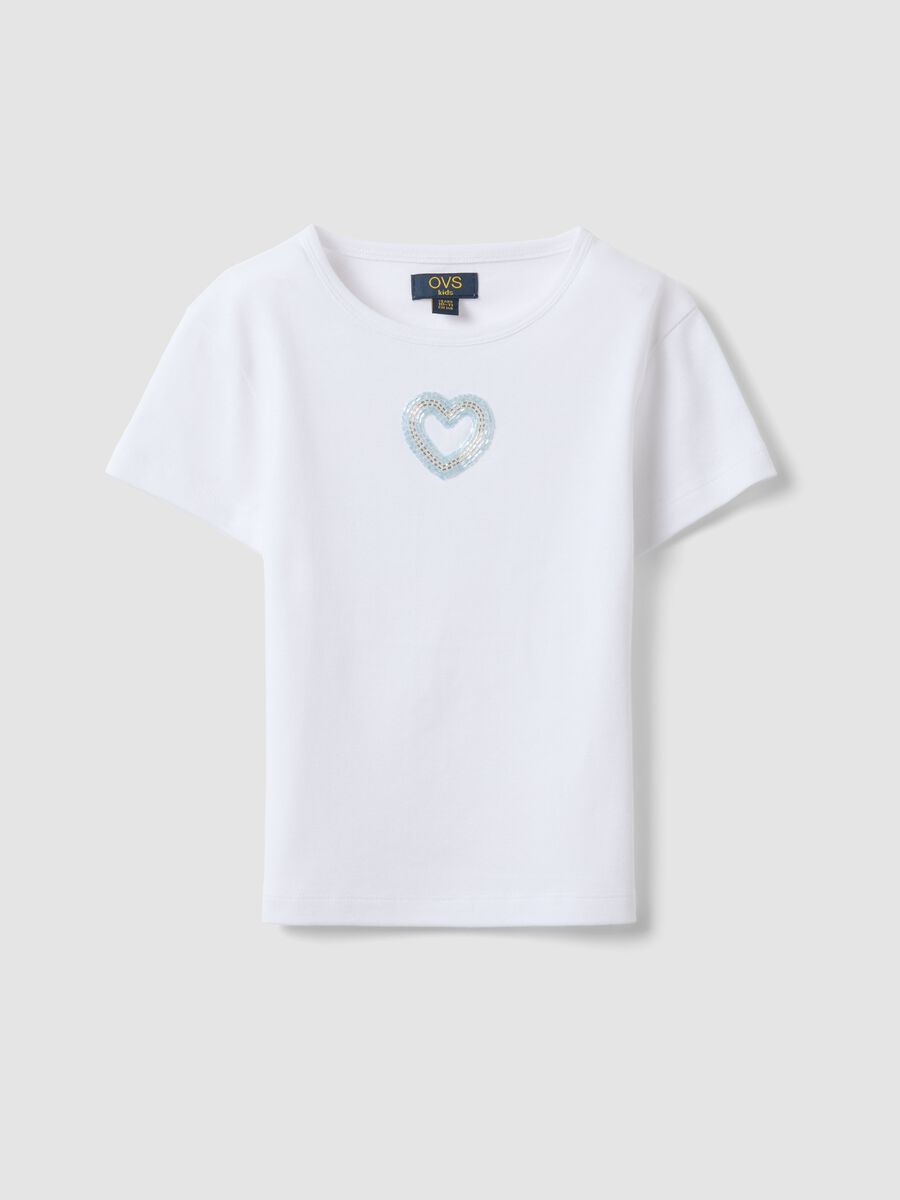 T-shirt fitted bianca in puro cotone da ragazza con cuore di perline_3