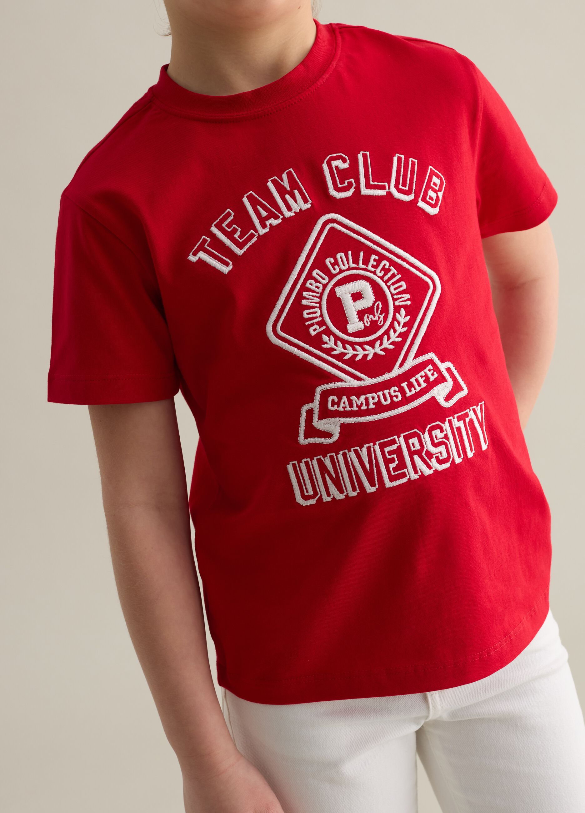Cotton T-shirt with lettering embroidery