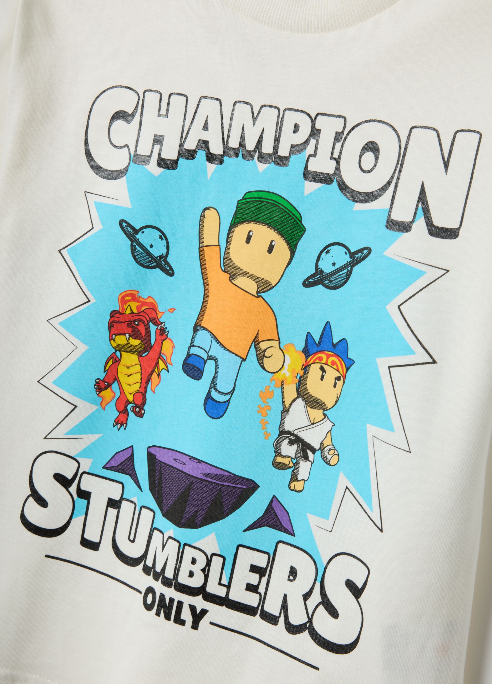 White pure cotton kids&rsquo; T-shirt with Stumble Guys print, regular fit