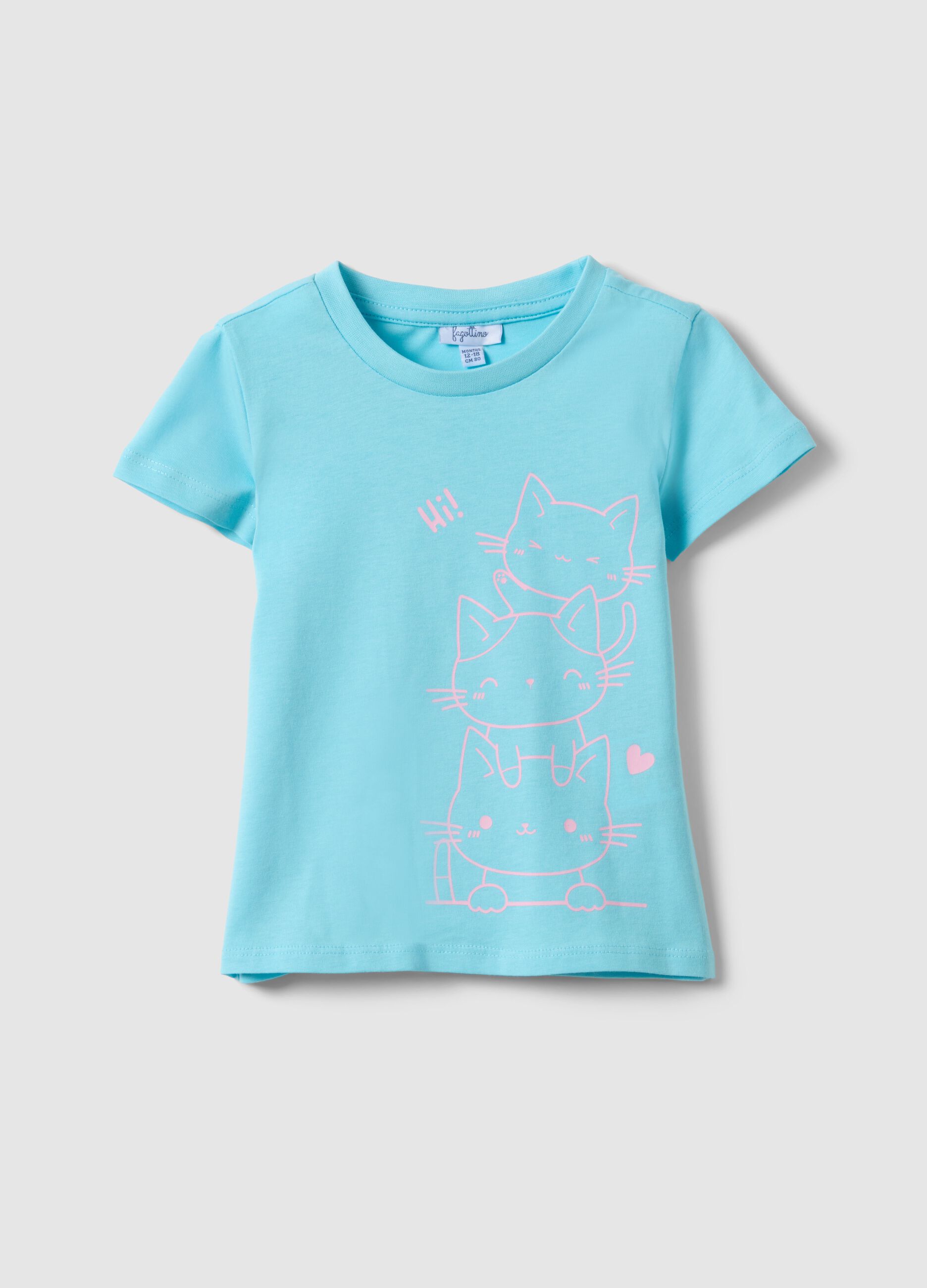 Sky blue pure cotton girl's t-shirt with cat print, regular fit