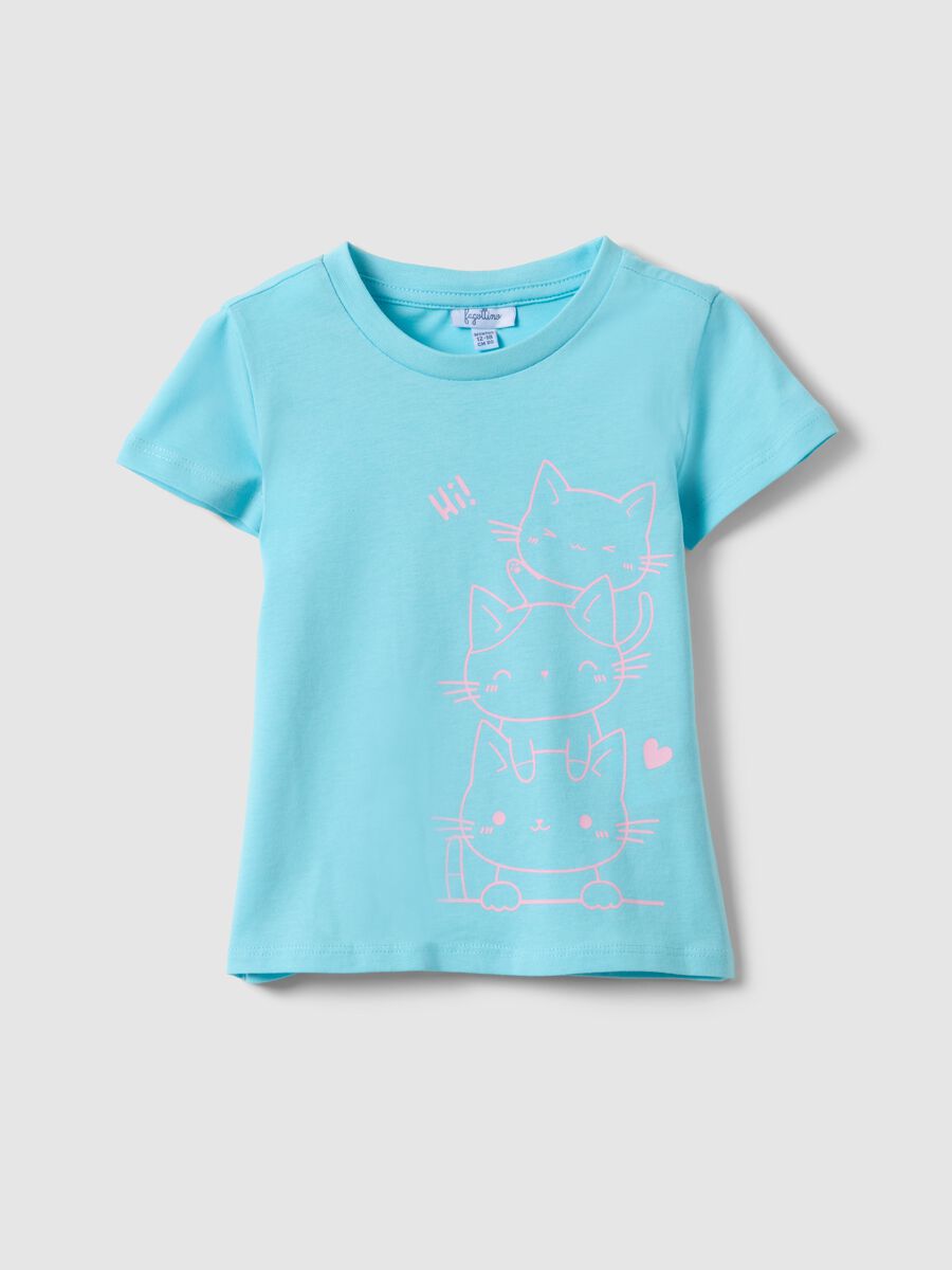 Sky blue pure cotton girl's t-shirt with cat print, regular fit_0