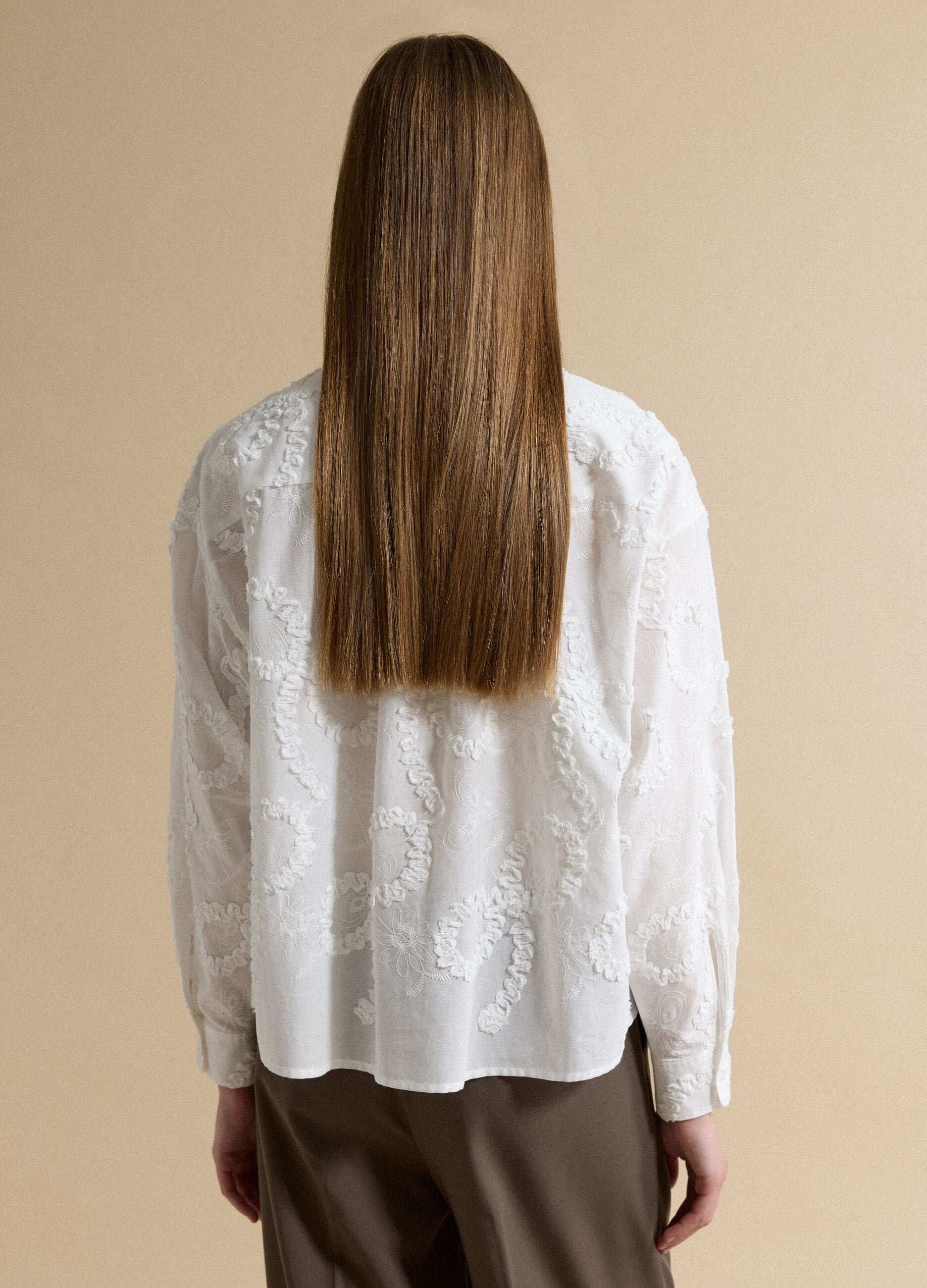 White pure cotton shirt with floral embroidery, regular fit