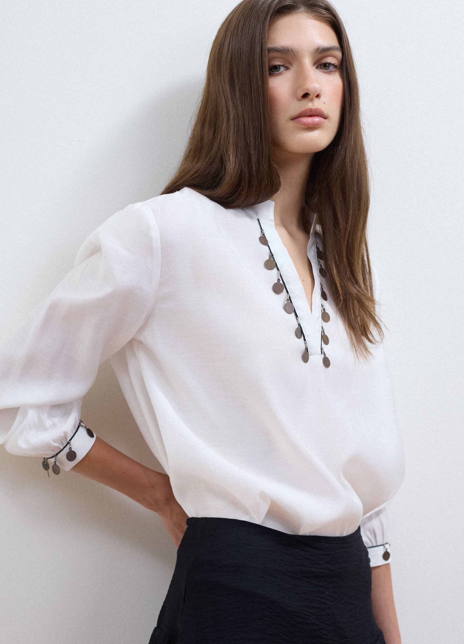 White viscose-blend shirt with charms and V-neck regular fit