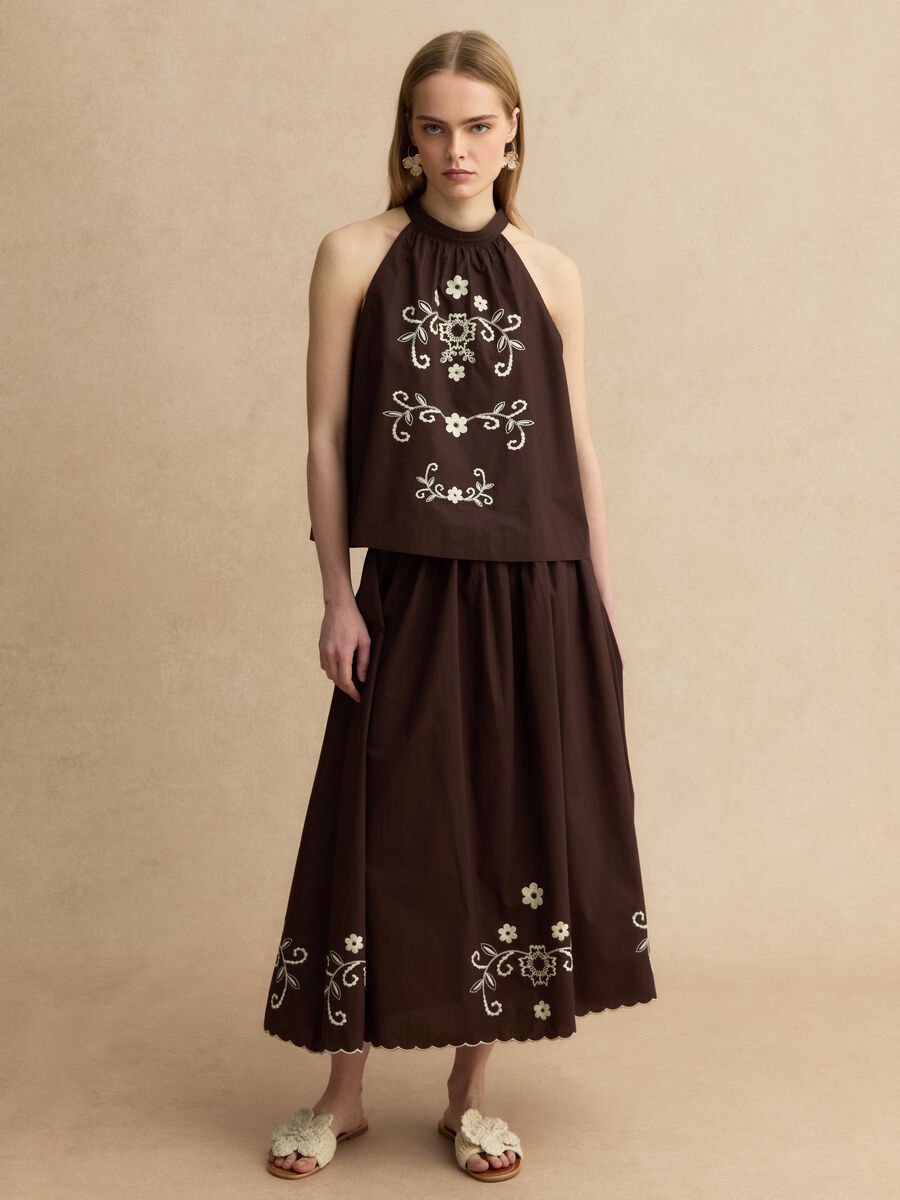 Gonna lunga in puro cotone marrone regular fit con ricami floreali_1