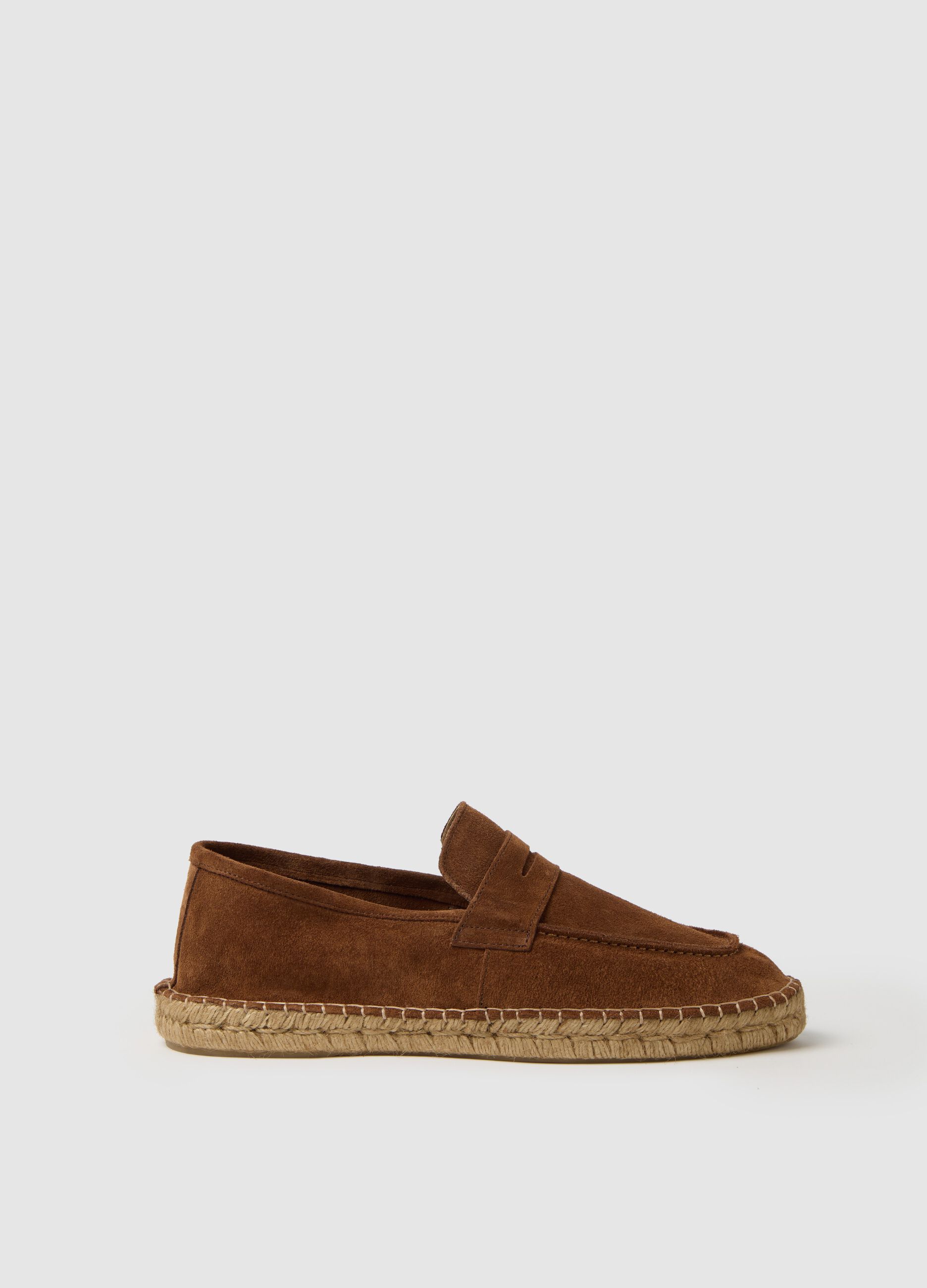 Brown genuine leather loafers with rope sole