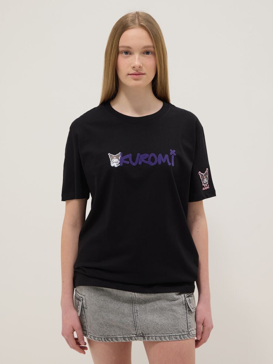 T-shirt in puro cotone nero da ragazza regular fit con Kuromi_0