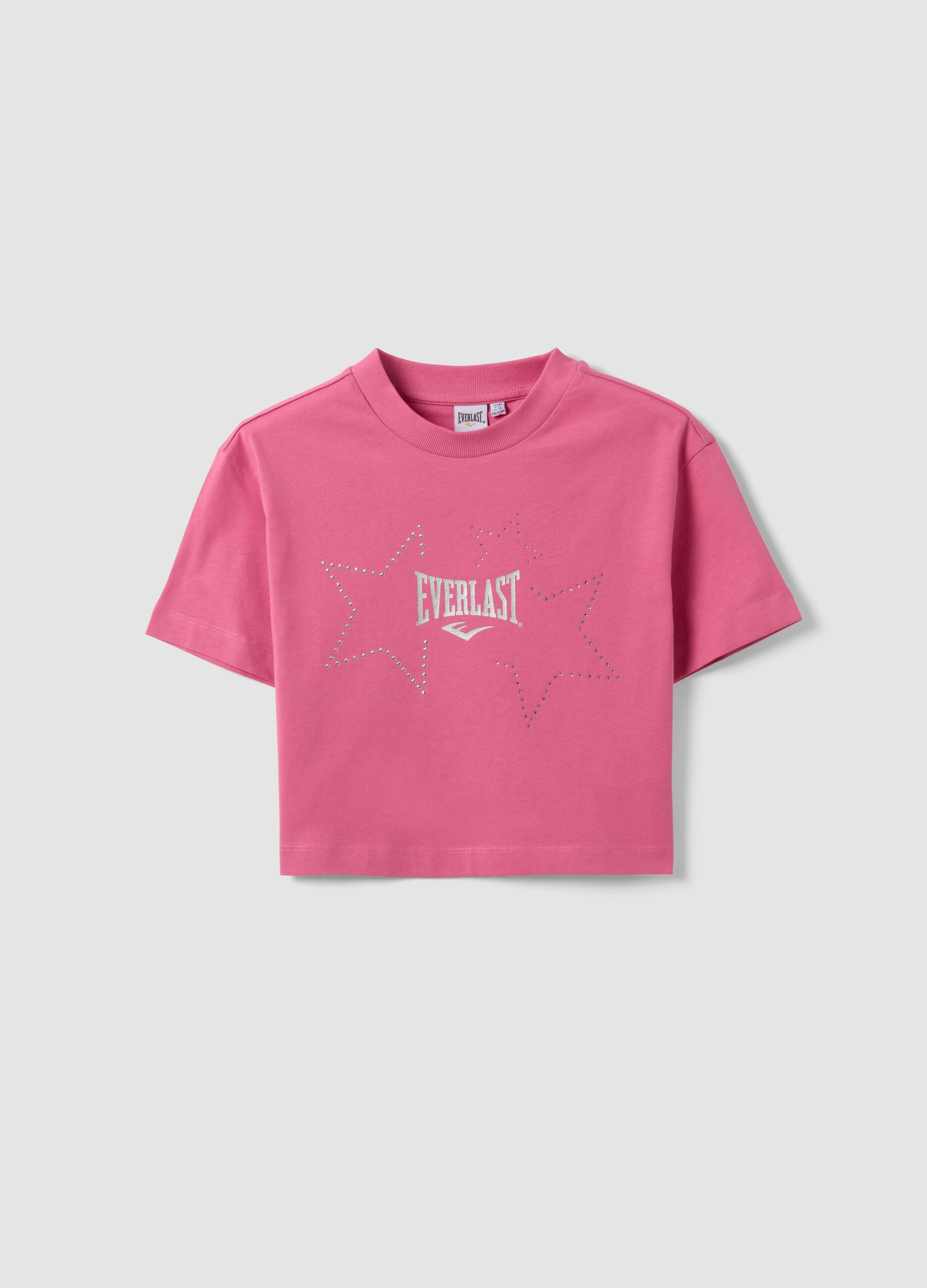 Pink pure cotton T-shirt with appliqu&eacute; stars, regular fit for girls