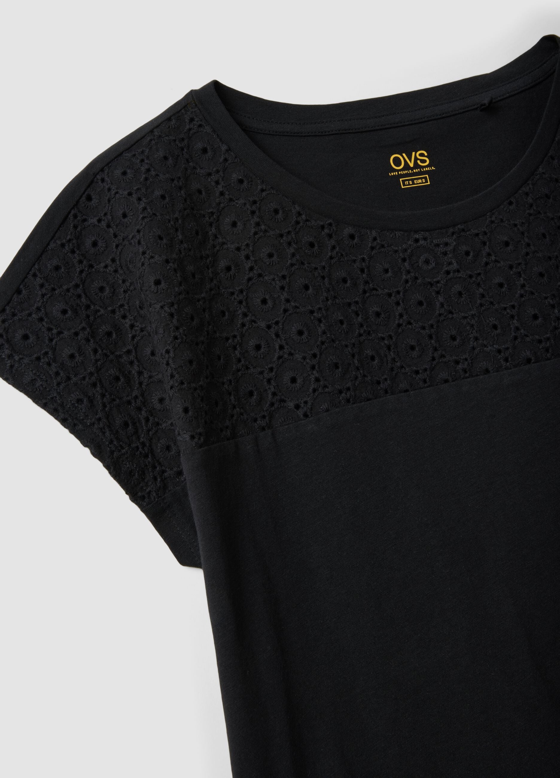 Black pure cotton T-shirt with Broderie Anglaise lace insert