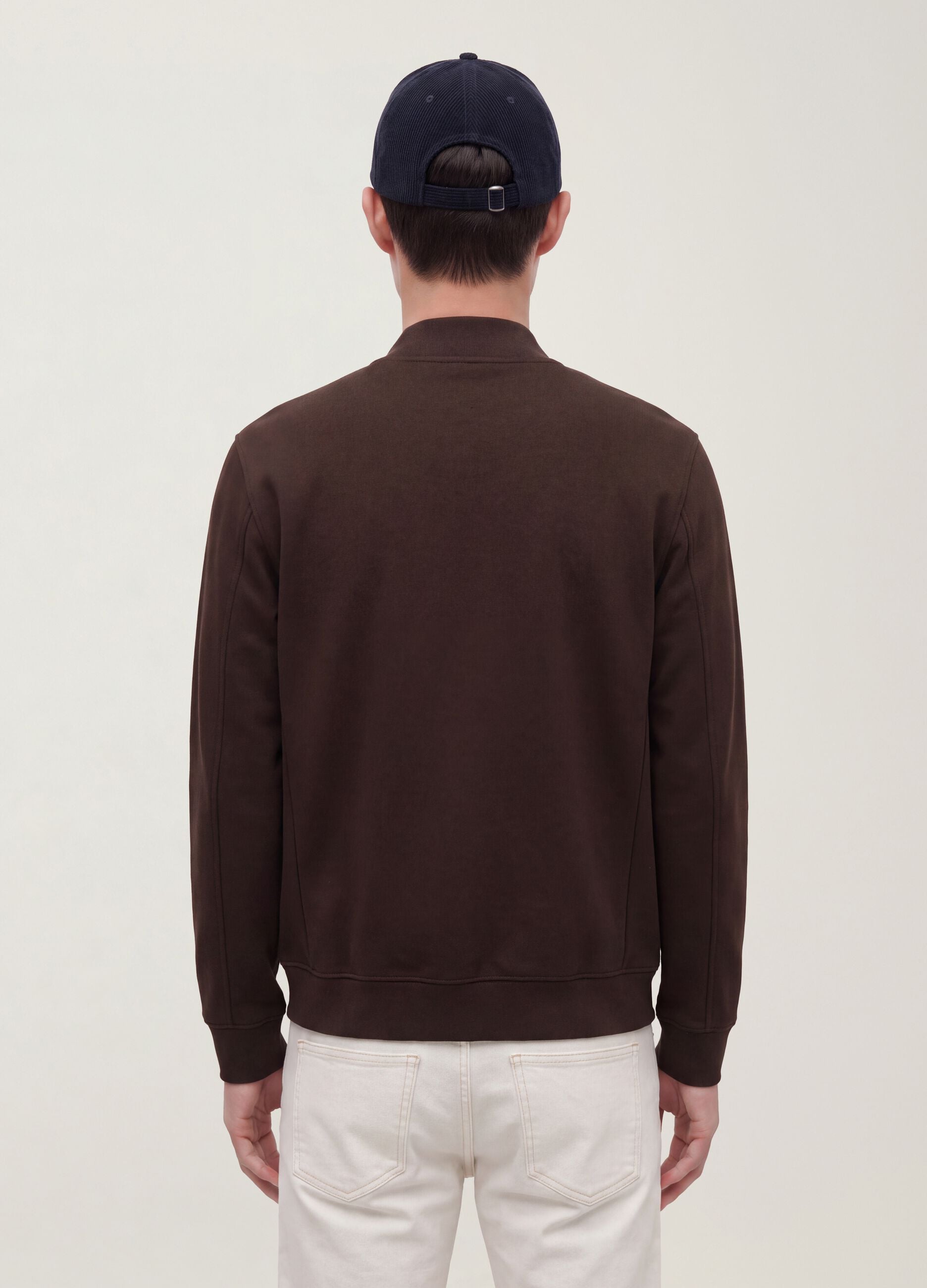 Brown full-zip sweatshirt in stretch piqu&eacute; with ribbed collar