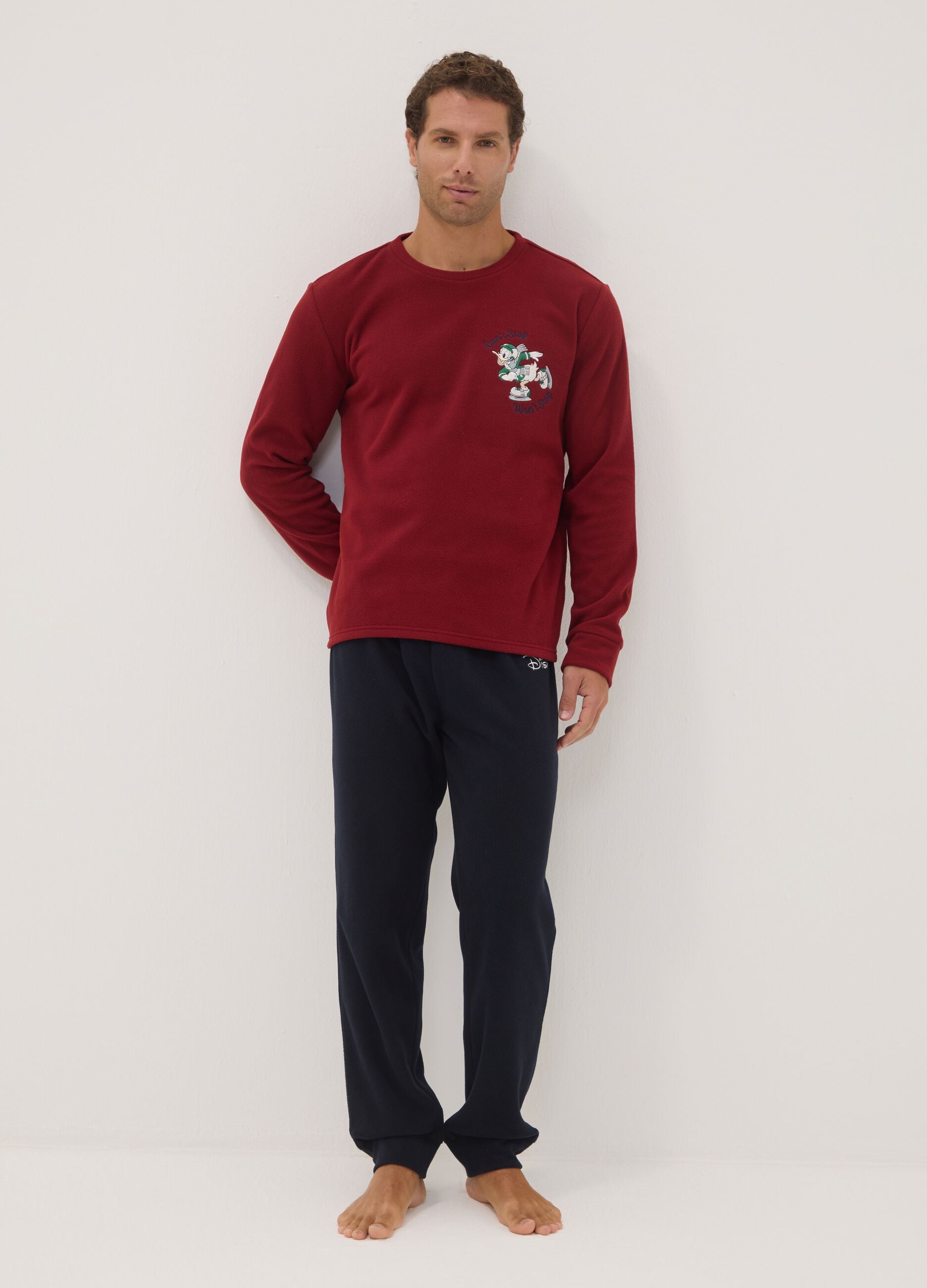 Red long-sleeve crew-neck pyjama set with Mickey & Friends print