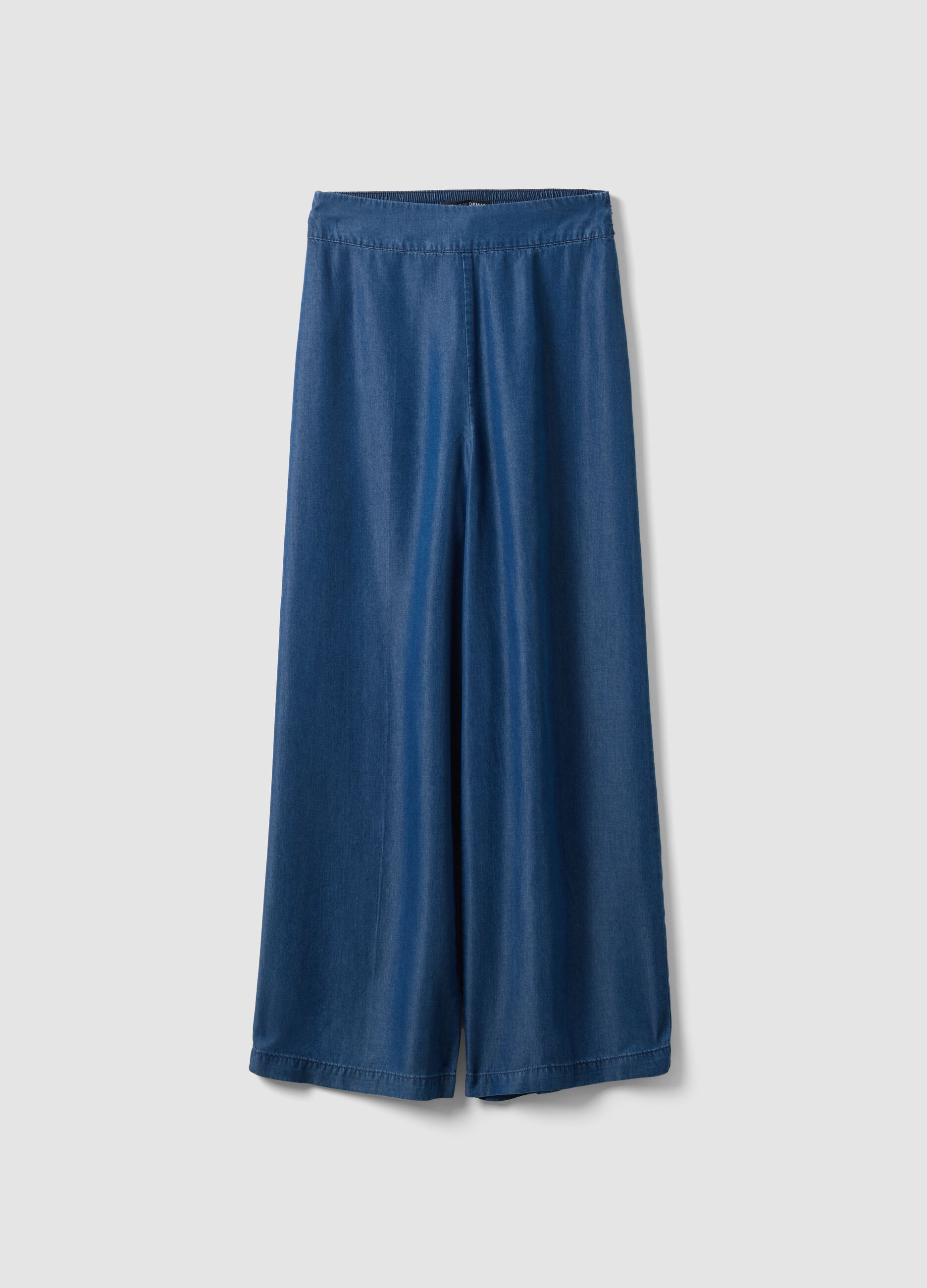 Dark blue pure lyocell palazzo trousers with elasticated waist and wide leg