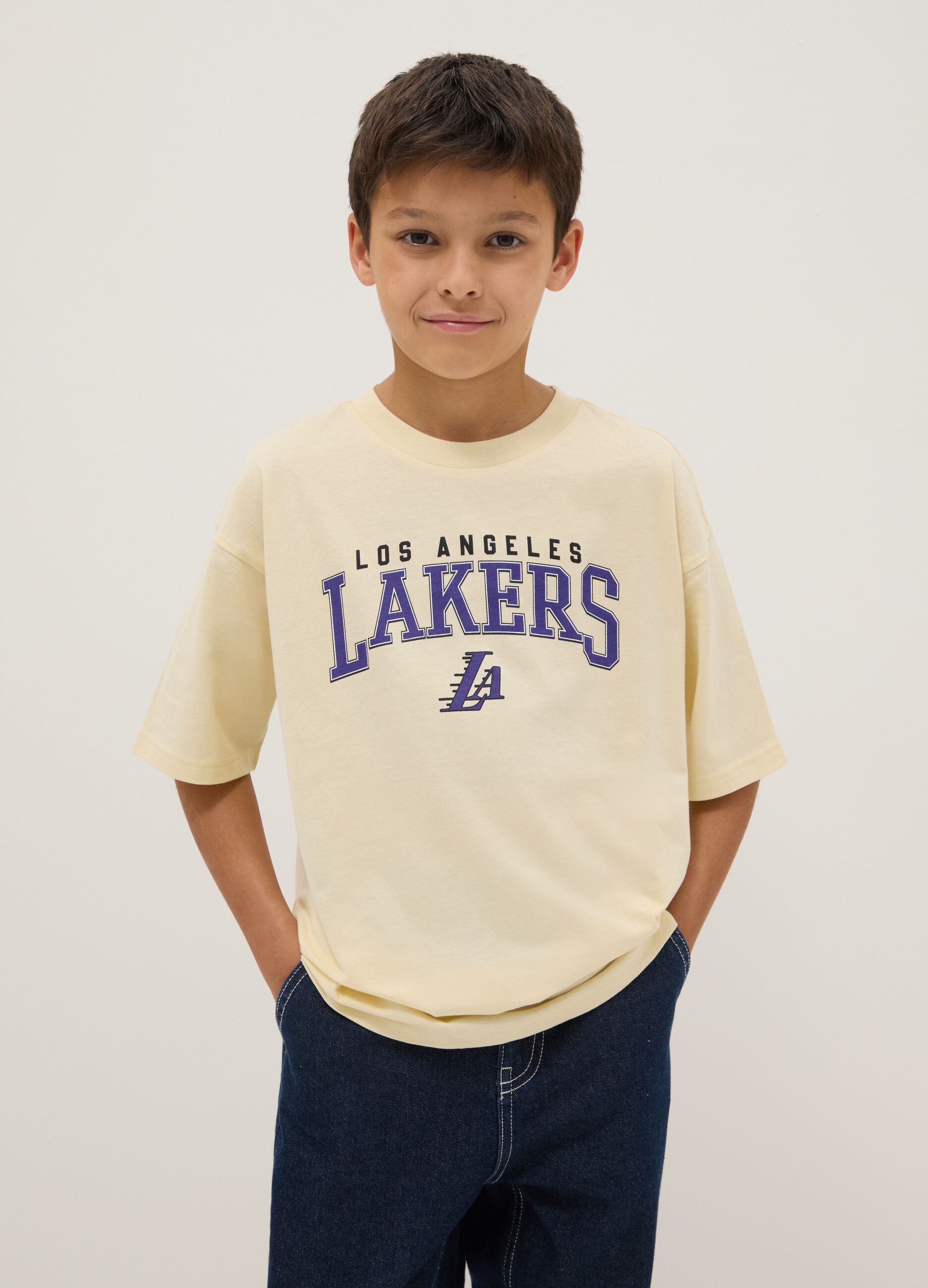 Kids' beige pure cotton T-shirt regular fit with Lakers logo