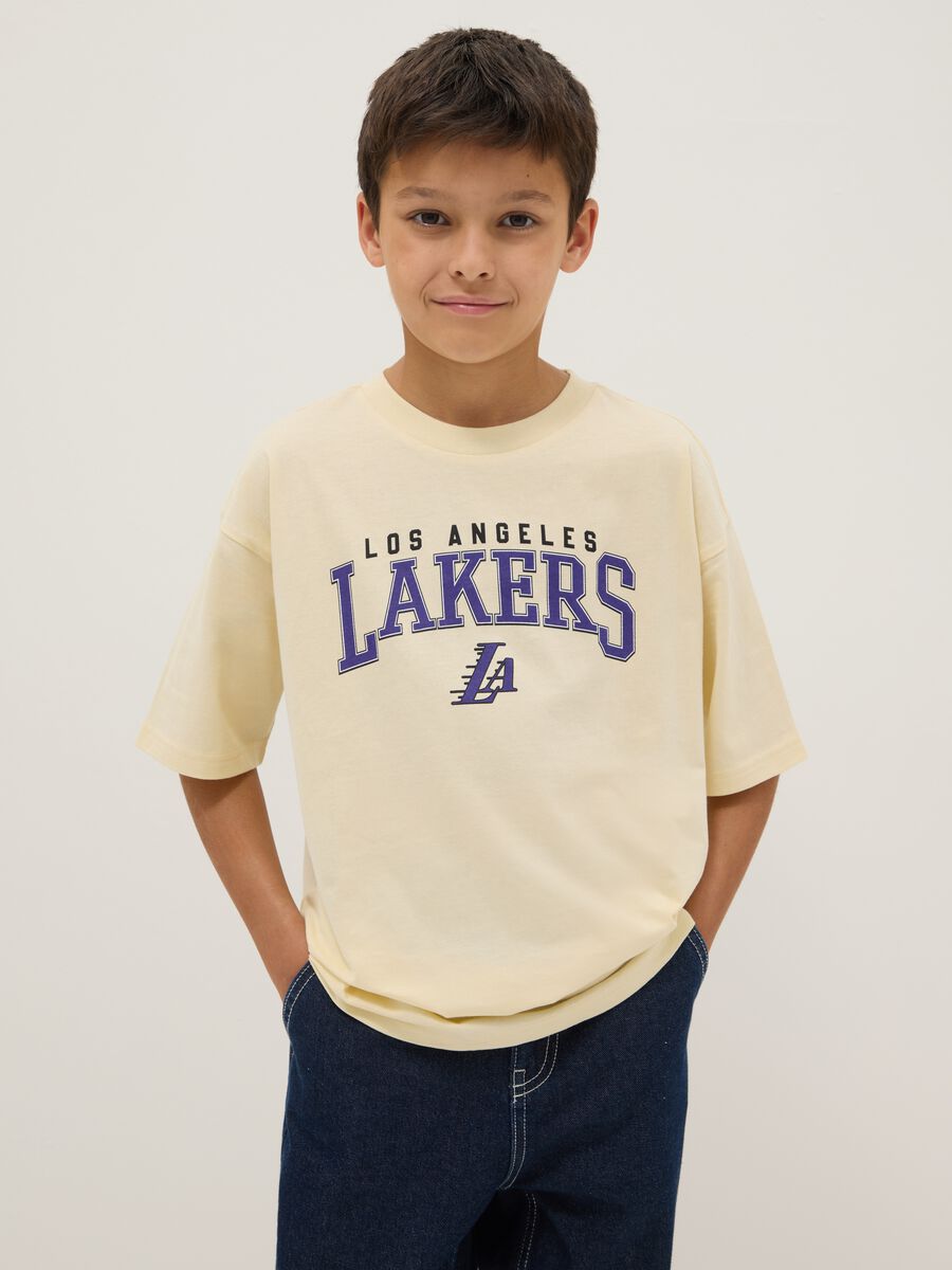 Kids' beige pure cotton T-shirt regular fit with Lakers logo_0
