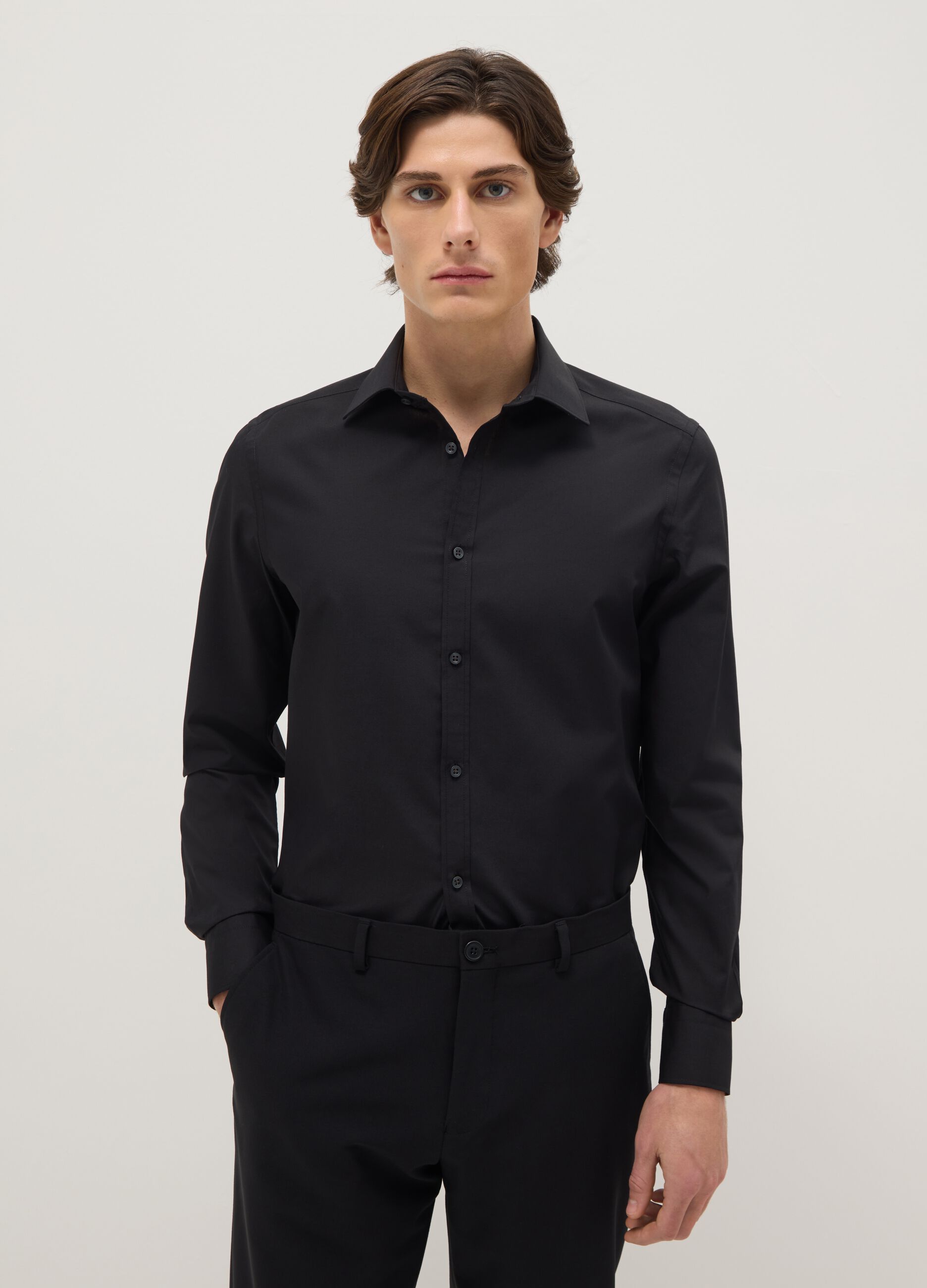Black cotton blend slim fit easy iron shirt