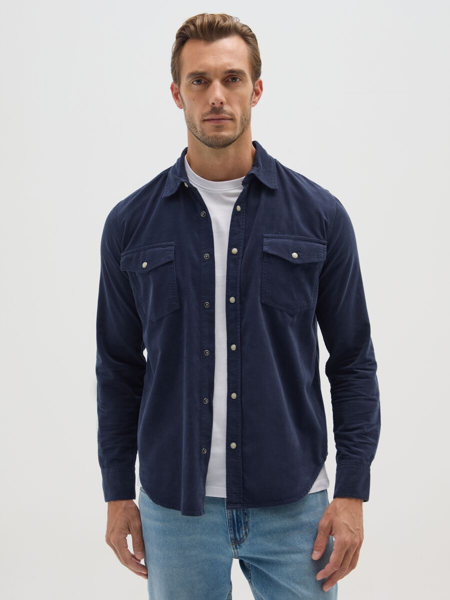 Regular fit blue pure cotton shirt in corduroy_0