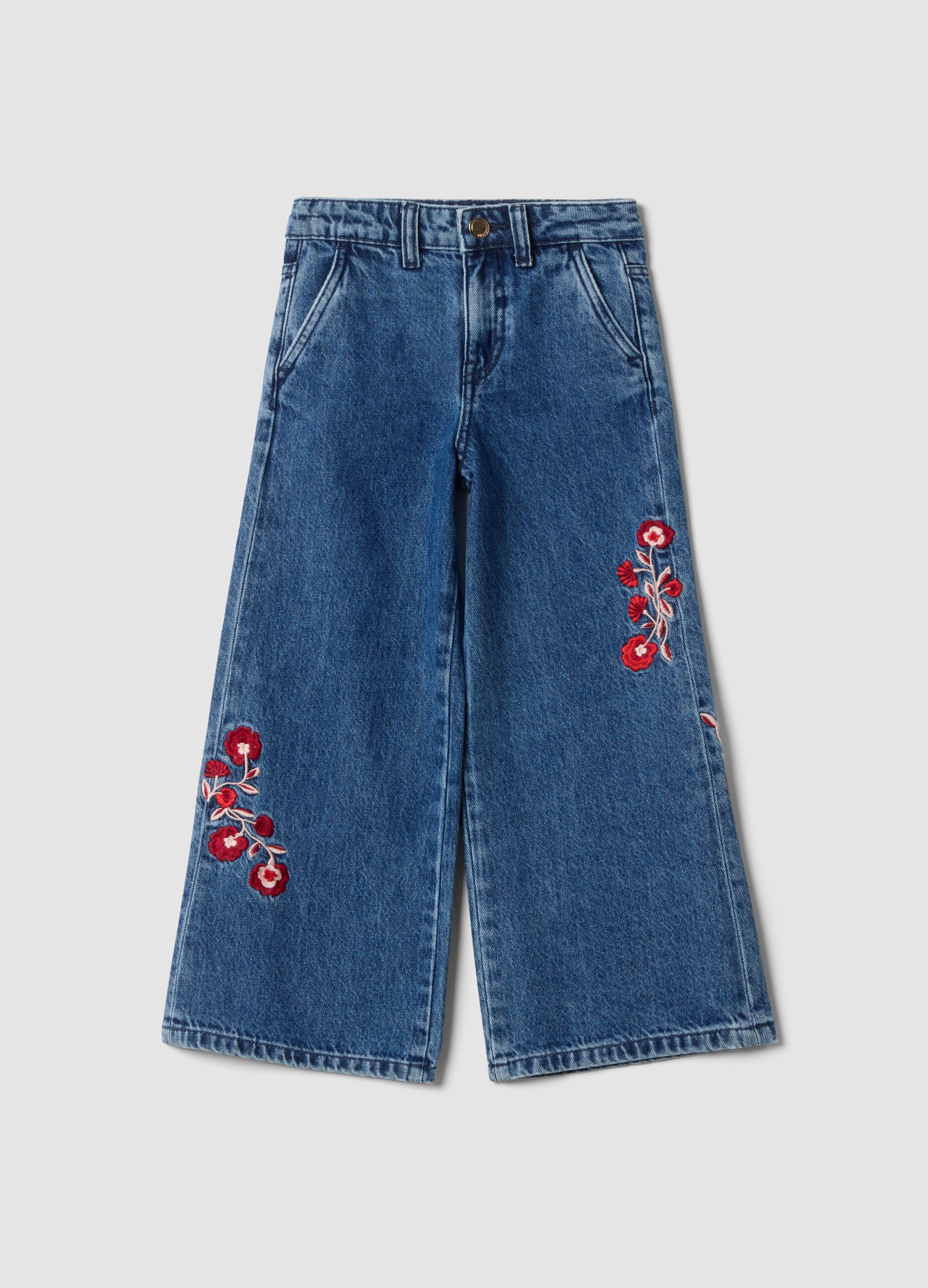 Blue pure cotton wide-leg jeans with floral embroidery