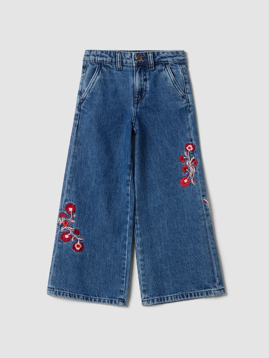 Blue pure cotton wide-leg jeans with floral embroidery_0