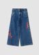 Blue pure cotton wide-leg jeans with floral embroidery_0